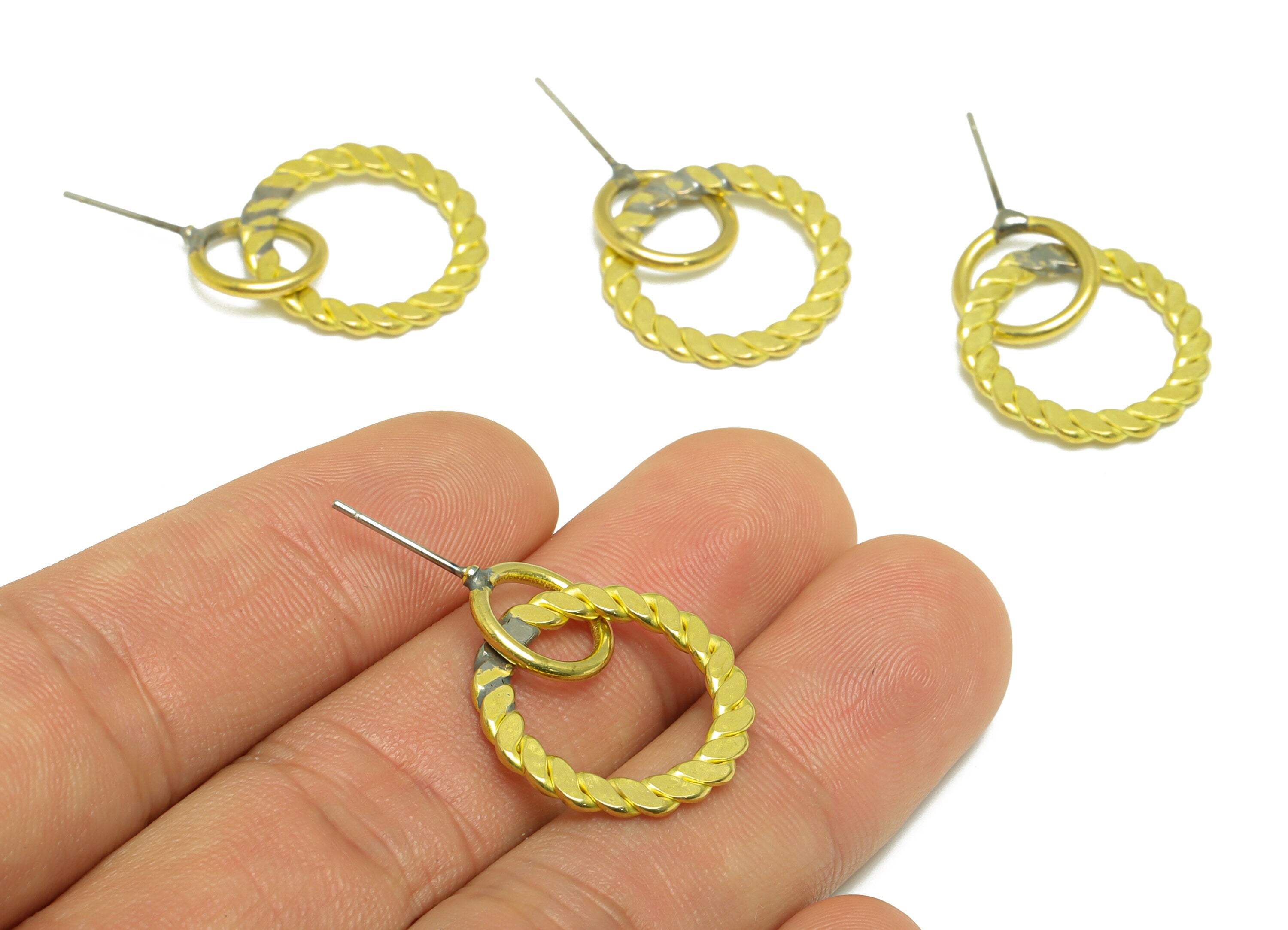 Hammered Dangle Earring Stud - Raw Brass Round Earring Post - Brass Twisted Wire Earring Post - Round Wire Post - 25.73x19.49x1.5mm - PP9929 - DOMEDBAZAAR