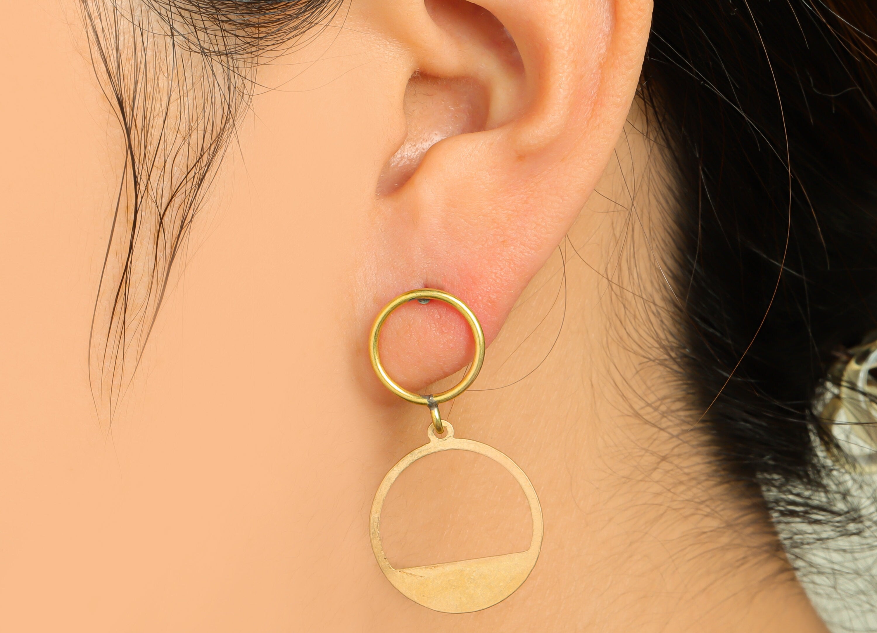 Brass Dangle Round Earring Stud - Raw Brass Round Earring Post - Brass Geometric Circle Earring Post - 37.58x19.93x1.2mm - PP9949 - DOMEDBAZAAR