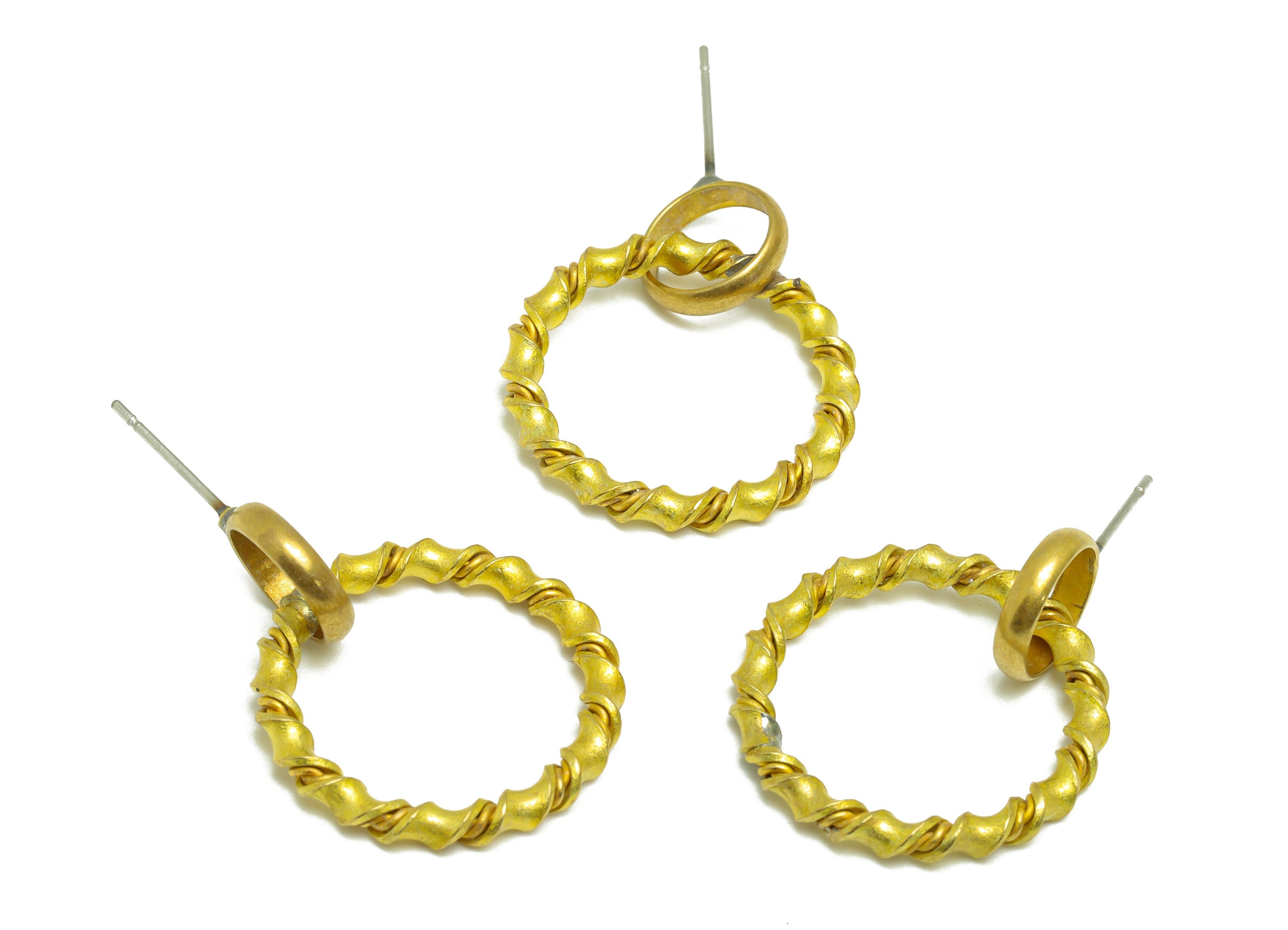 Round Dangle Earring Stud - Raw Brass Curly Earring Post - Brass Twisted Wire Earring Post - Textured Wire Post - 28x21.85x2.19mm - PP9919 - DOMEDBAZAAR