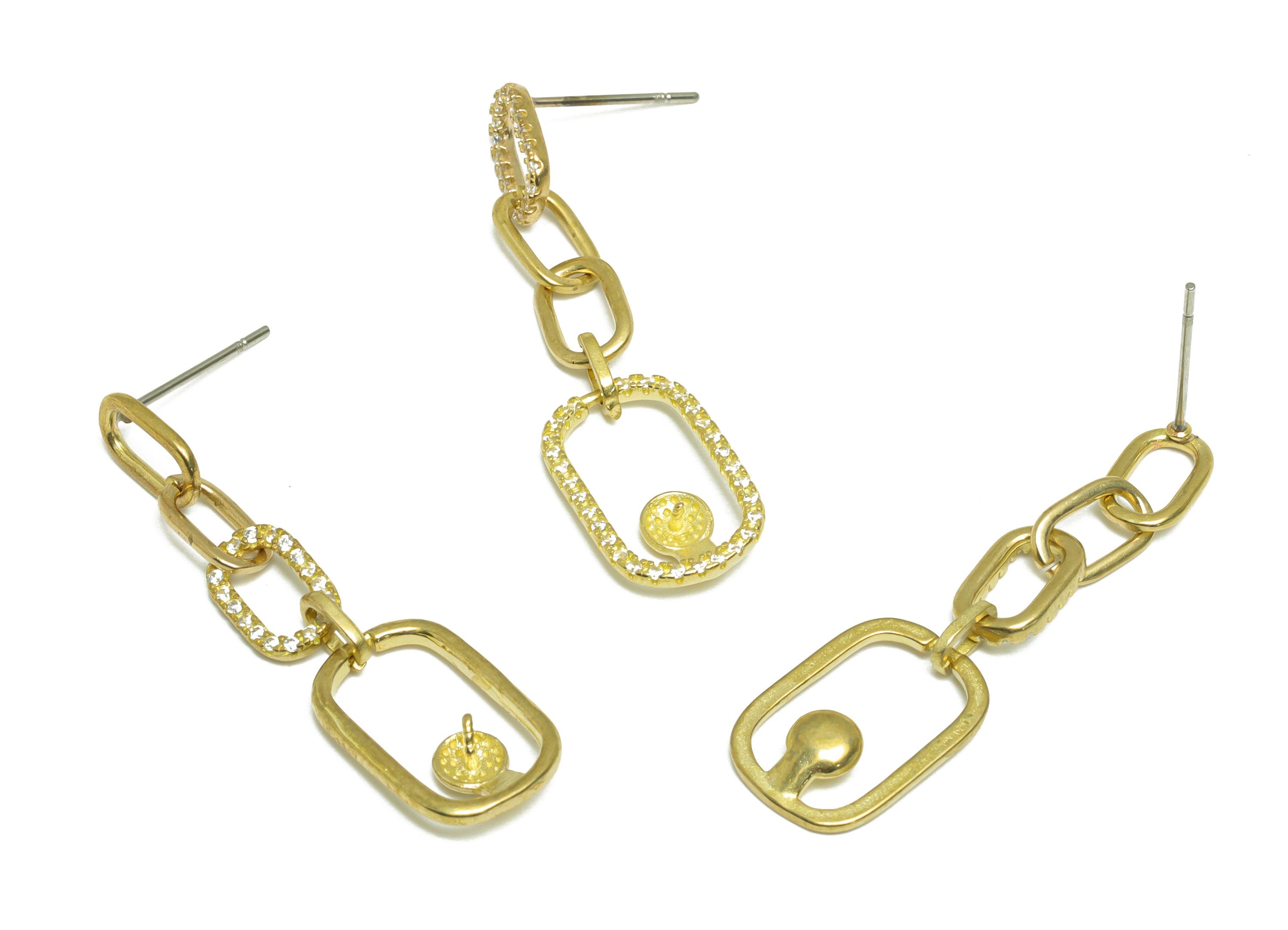 Brass CZ Earring Stud - Raw Brass Zircon interlock Oval Rectangle Earring - Pearl Setting For Earring - Pearl Setting - 32x10.2x3mm - PP9652 - DOMEDBAZAAR