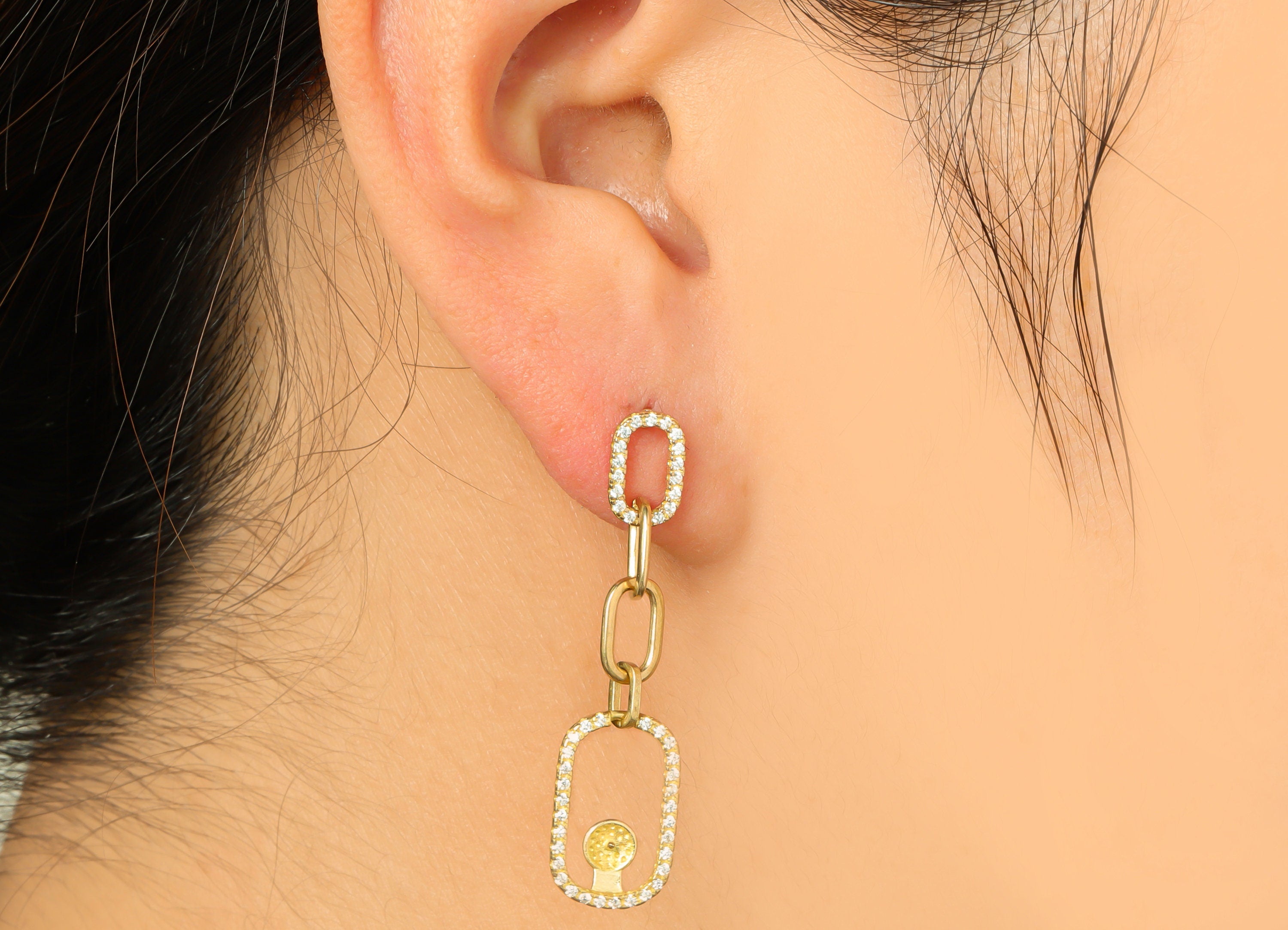 Brass CZ Earring Stud - Raw Brass Zircon interlock Oval Rectangle Earring - Pearl Setting For Earring - Pearl Setting - 32x10.2x3mm - PP9652 - DOMEDBAZAAR