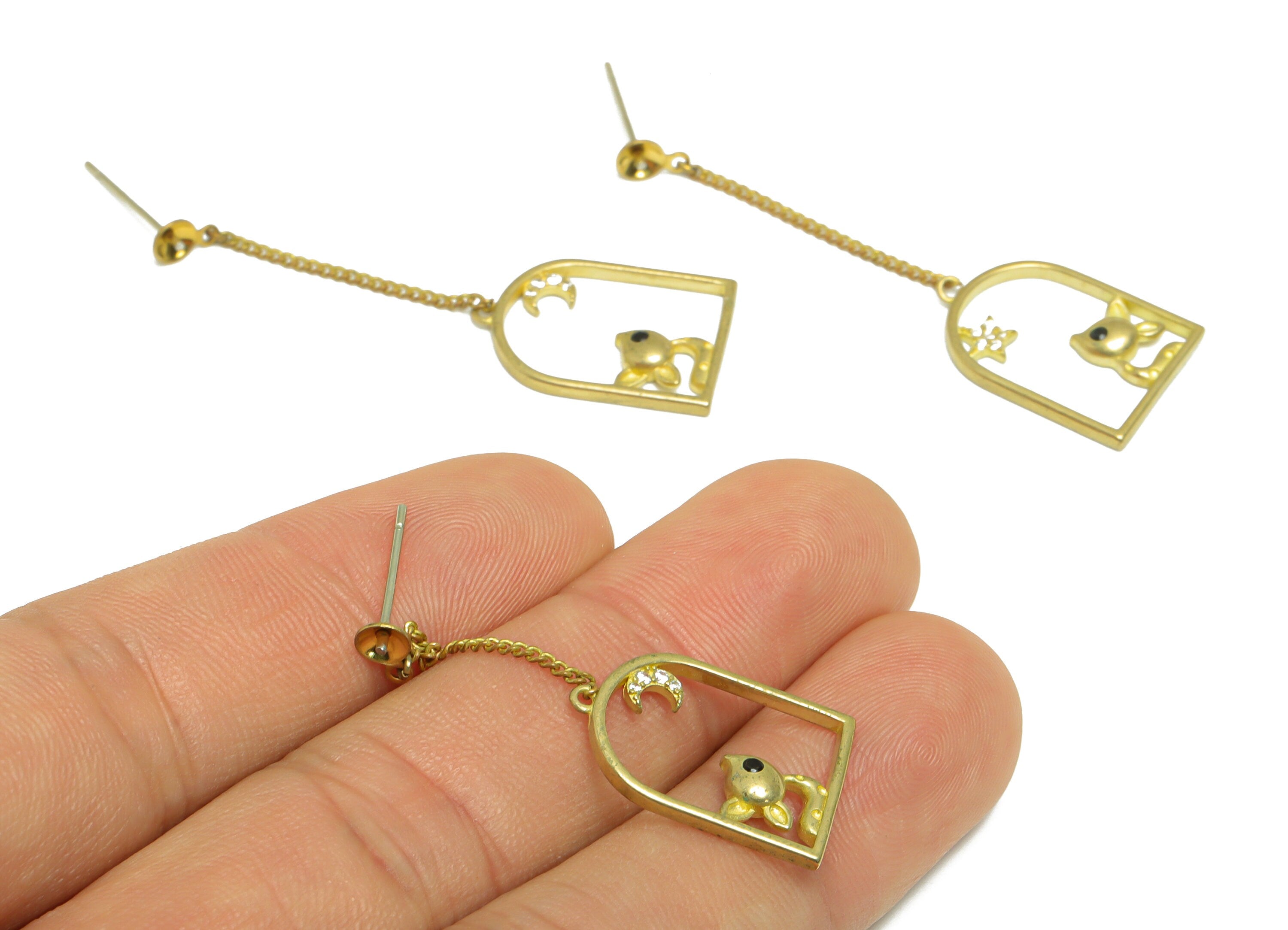 Brass CZ Dangle Earring Stud - Raw Brass Zircon Domed Chain Squirrel Earring - Star Crescent Pearl Setting For Earring - 46x13x2mm - PP9699 - DOMEDBAZAAR