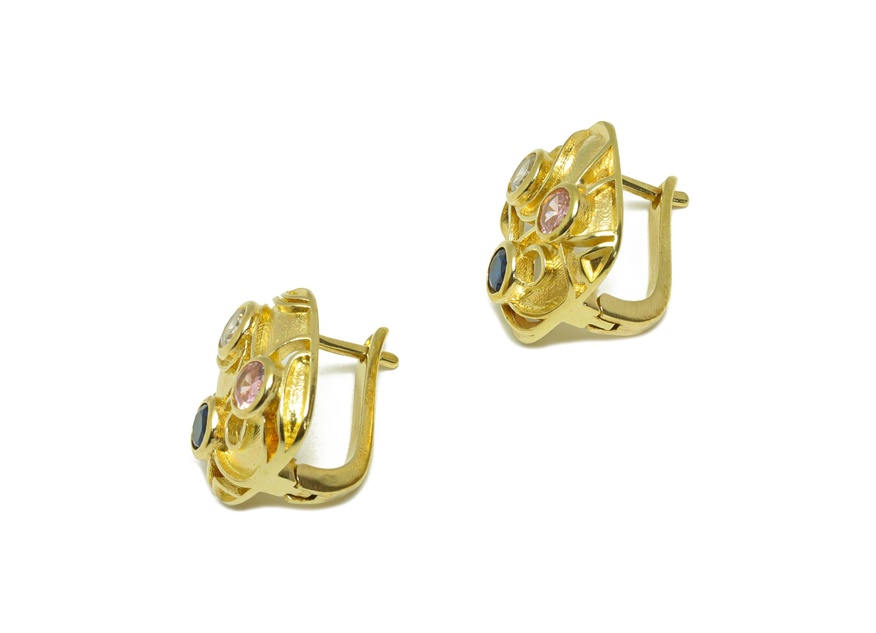 Brass CZ English Lock Earring - Raw Brass Textured Square Hoop Earring - Rainbow Cubic Zircon Hoop Earring - English Lock - 15x13x3mm-PP9511 - DOMEDBAZAAR