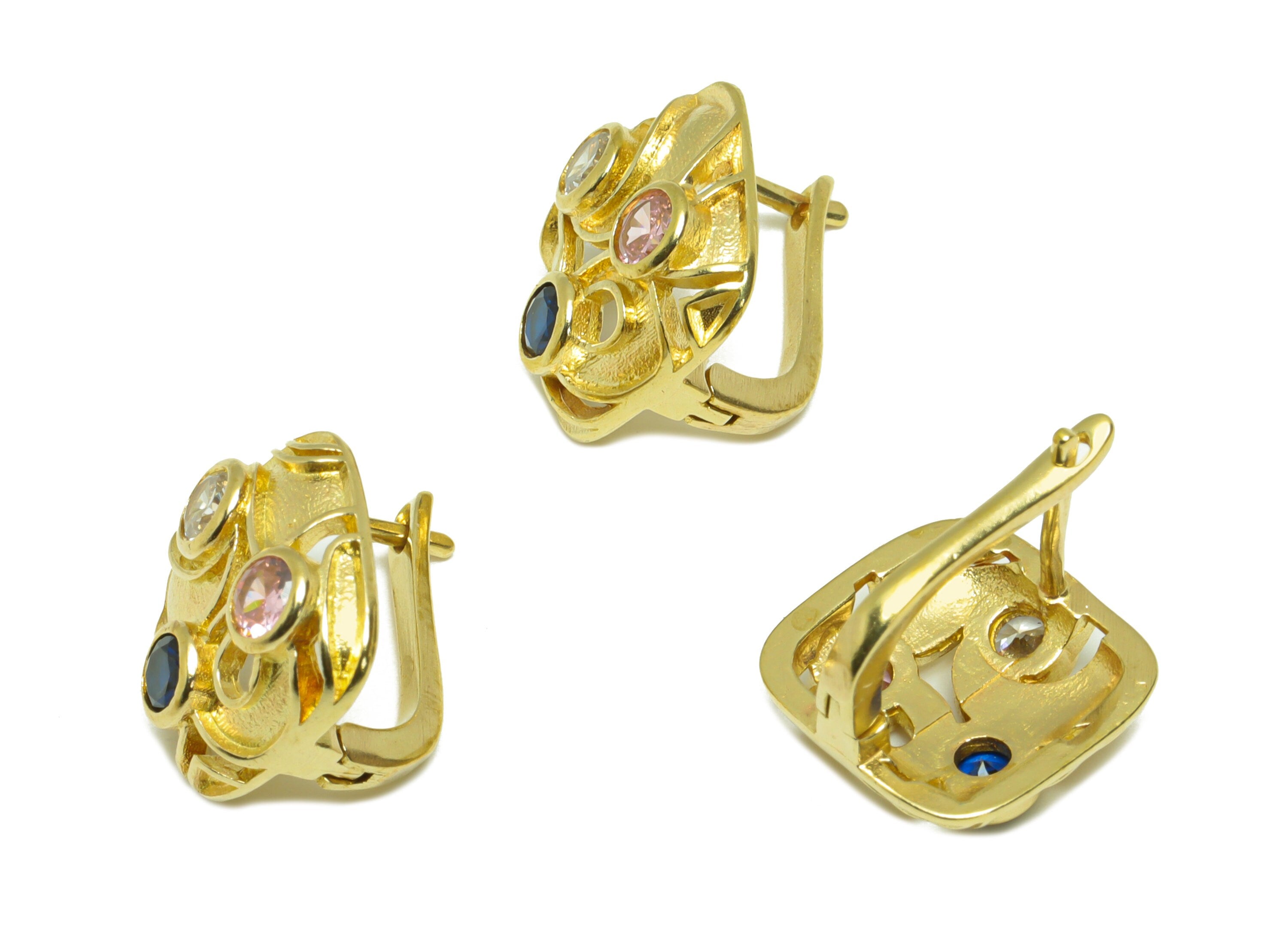 Brass CZ English Lock Earring - Raw Brass Textured Square Hoop Earring - Rainbow Cubic Zircon Hoop Earring - English Lock - 15x13x3mm-PP9511 - DOMEDBAZAAR