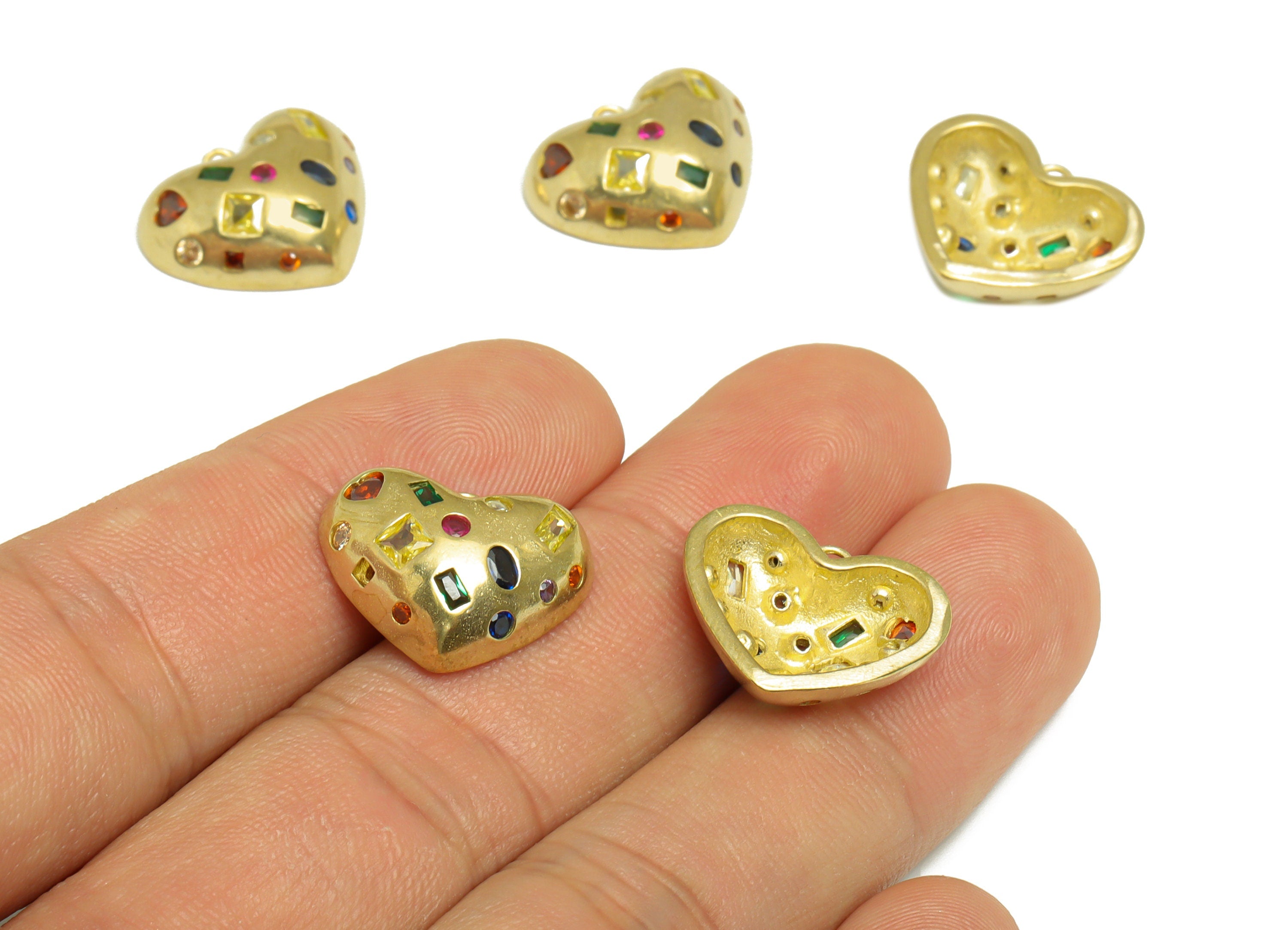 Brass CZ Heart Earring Charm - Brass Cubic Zircon Earring Pendant - Raw Brass Geometry CZ Rainbow Earring Charm - 14.7x18.1x5.74mm - PP9634 - DOMEDBAZAAR