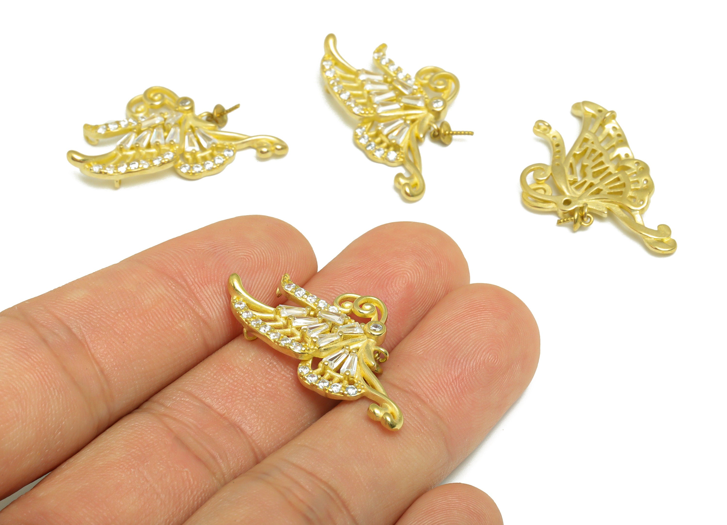 Brass CZ Butterfly Earring Charm - Brass Zircon Butterfly Earring Pendant - Raw Brass Inset Earring Charm - Pearl Setting - 32x17x3mm-PP9624 - DOMEDBAZAAR