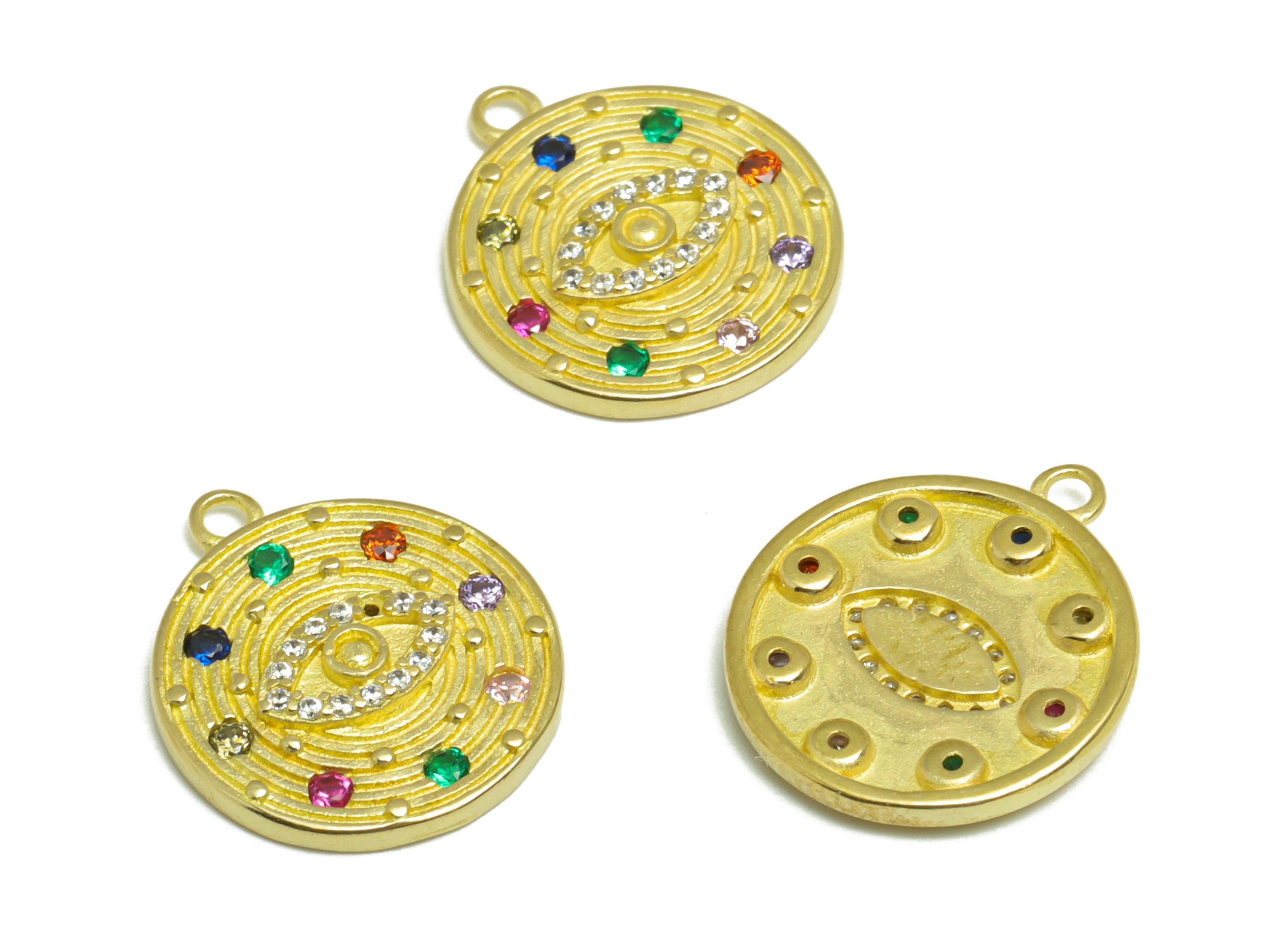 Brass CZ Eye Earring Charm - Brass Cubic Zircon Eye Earring Pendant - Raw Brass Textured Rainbow CZ Earring Charm - 17.5x15x2.31mm - PP9627 - DOMEDBAZAAR