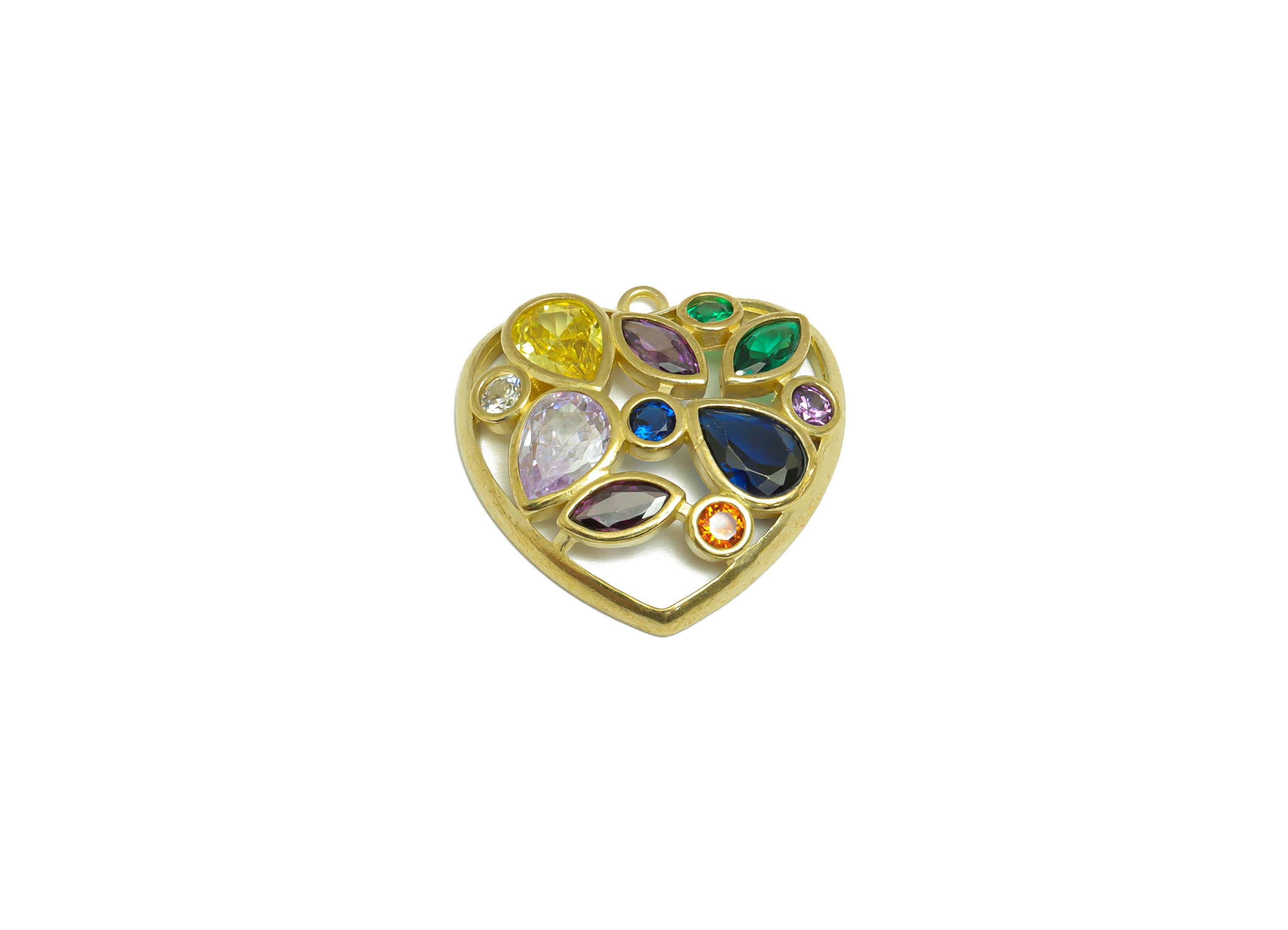 Brass CZ Heart Earring Charm - Brass Drop Cubic Zircon Earring Pendant - Raw Brass Teardrop CZ Rainbow Earring Charm - 22.2x22x3mm - PP9625 - DOMEDBAZAAR