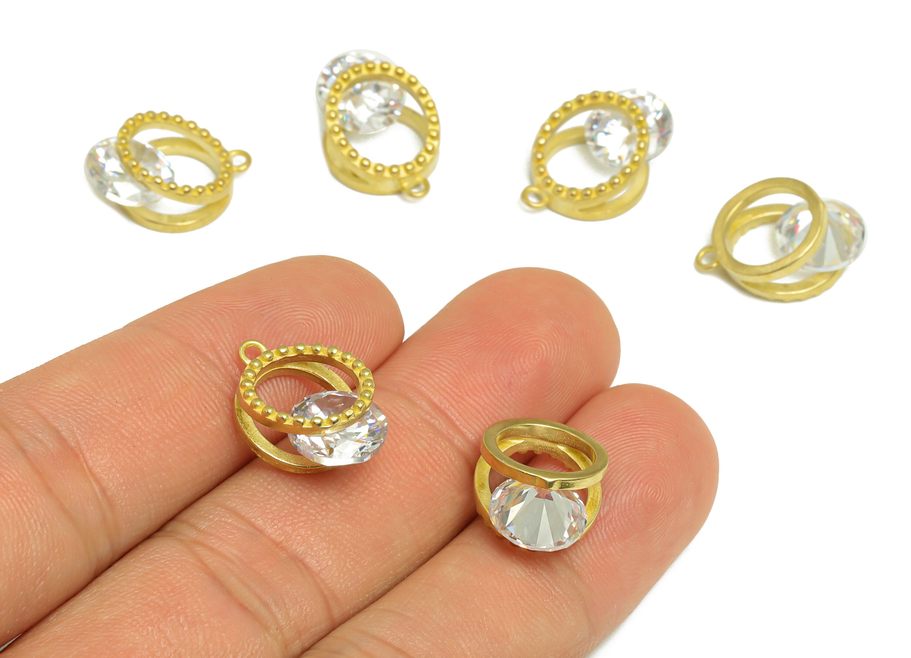 Brass CZ Round Earring Charm - Brass Cubic Zircon Diamond Earring Pendant - Raw Brass Dot Charm - For Necklace - 17.6x11.8x8.04mm - PP9679 - DOMEDBAZAAR