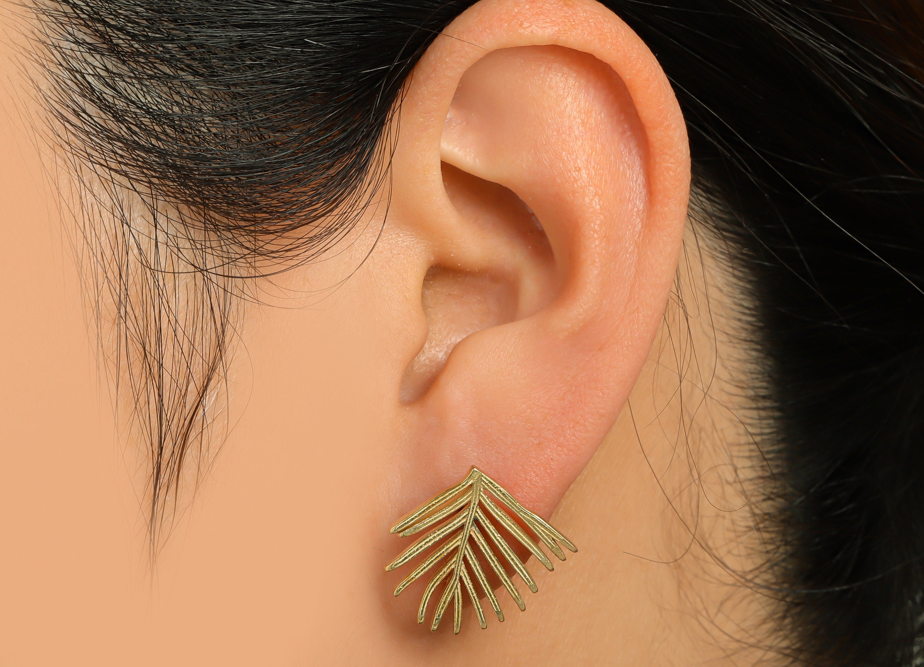 Brass Leaf Earring Post - Raw Brass Coconut Tree Earring Stud With Loop - Brass Botanical Textured Earring Stud - 19.9x17.7x3.3mm -PP9664 - DOMEDBAZAAR