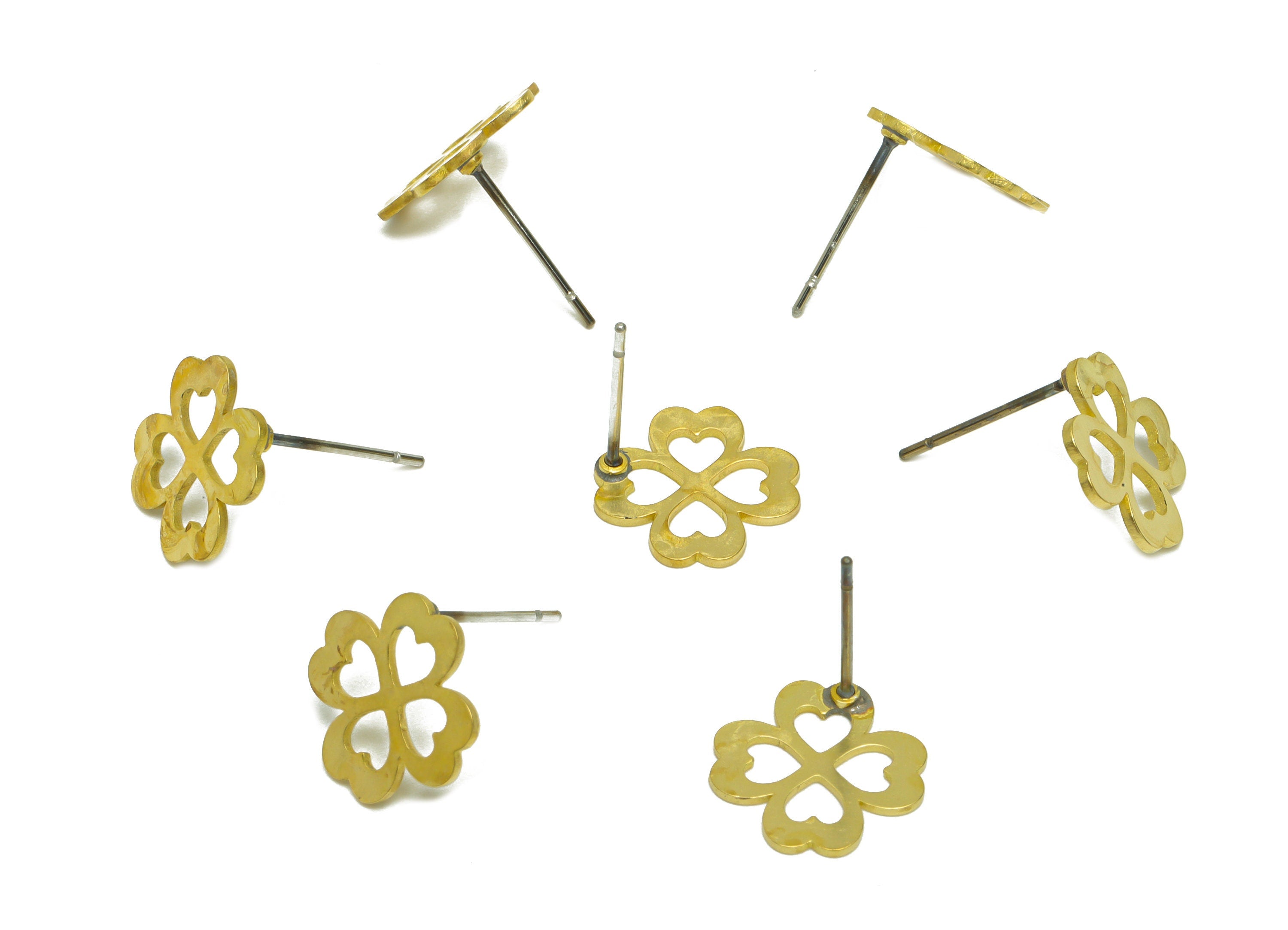 Brass Flower Earring Stud - Raw Brass Four Leaf Clover Earring Post - Brass Heart Leaf Clover Earring Post - 13.1x11x0.7mm - PP9794 - DOMEDBAZAAR