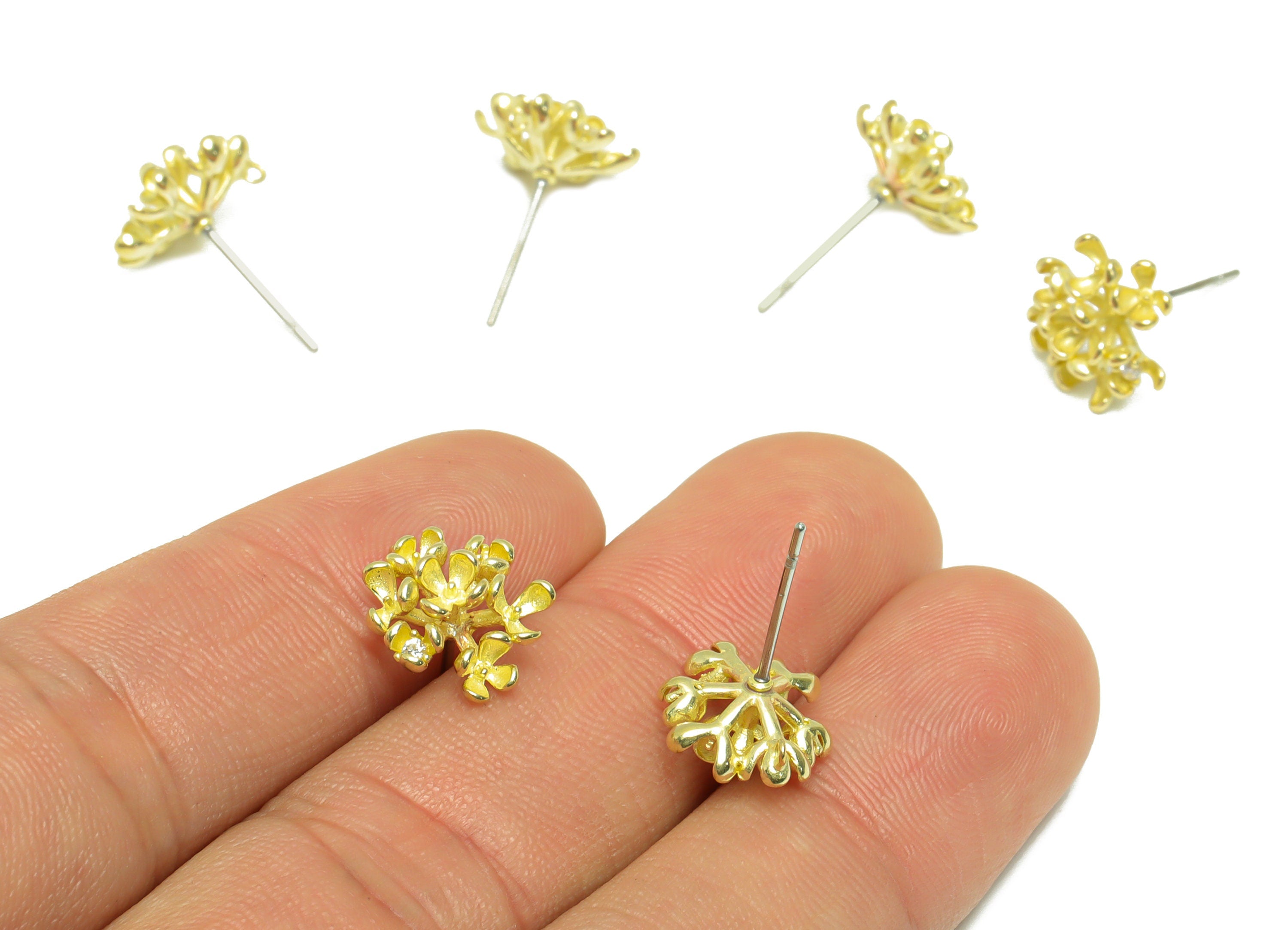 Brass CZ Flower Earring Stud - Raw Brass Cubic Zircon Flower Earring For Pearl - Pearl Setting For Earring Post - 17x12.4x5.6mm - PP9764 - DOMEDBAZAAR
