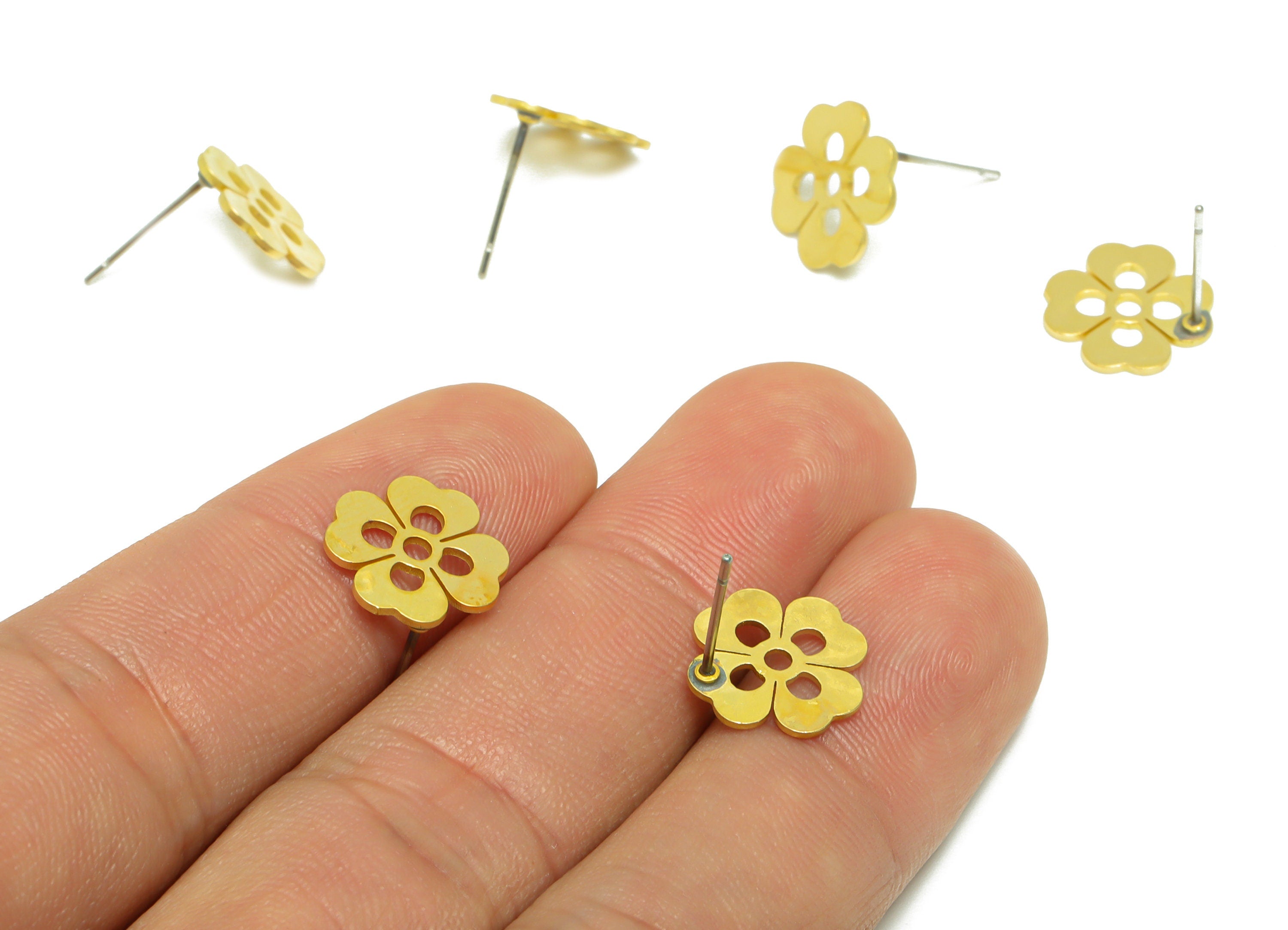 Brass Flower Earring Stud - Raw Brass Four Leaf Clover Earring Post - Brass Botanical Leaf Clover Earring Post - 13.1x11x0.7mm - PP9792 - DOMEDBAZAAR