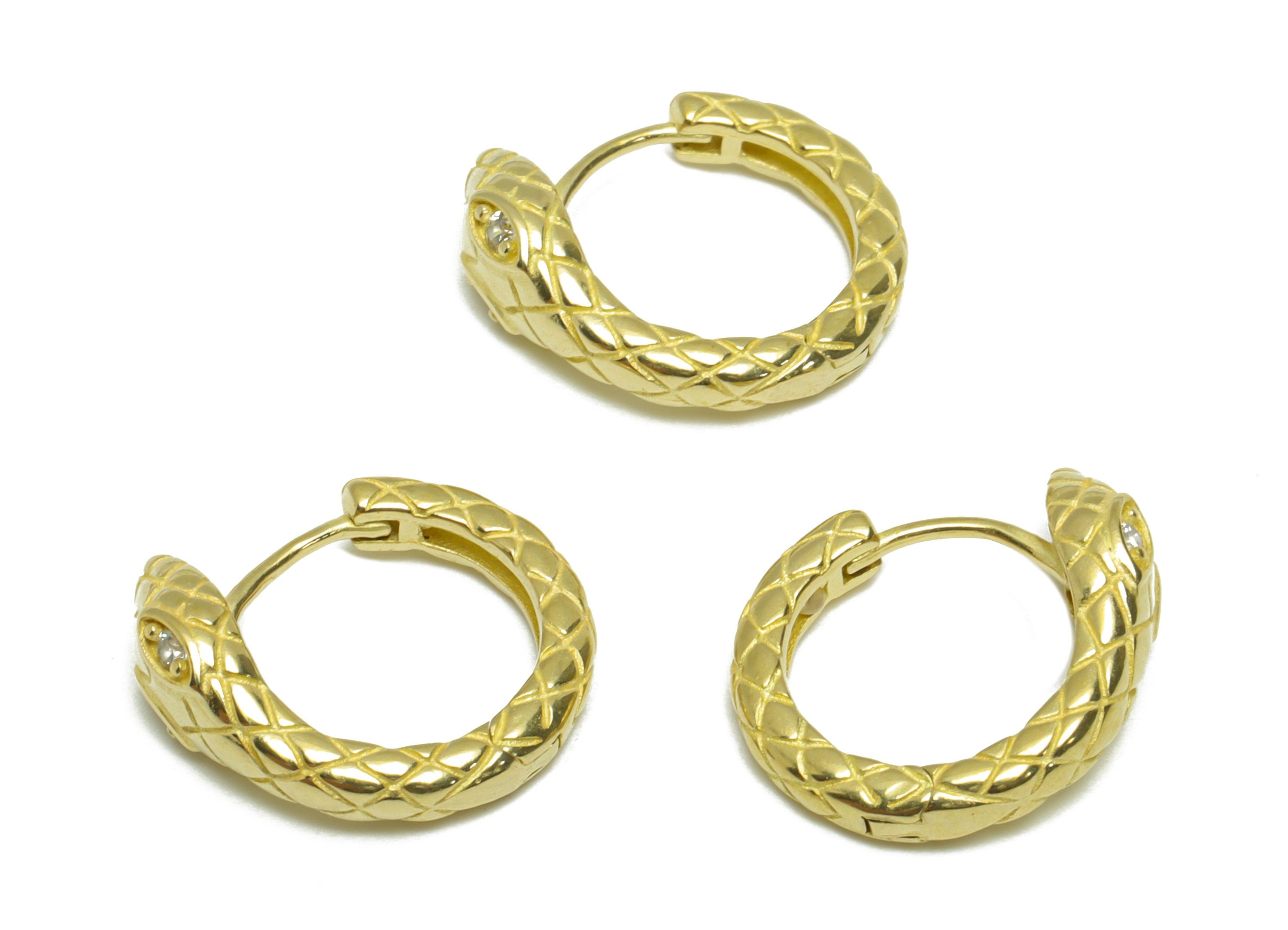 Brass CZ Snake Huggie Hoop Earring - Raw Brass Cubic Zircon Hoop Wire Earring - Textured Snake Huggie Clasp Hoop Earring - 18x17x6mm -PP9791 - DOMEDBAZAAR