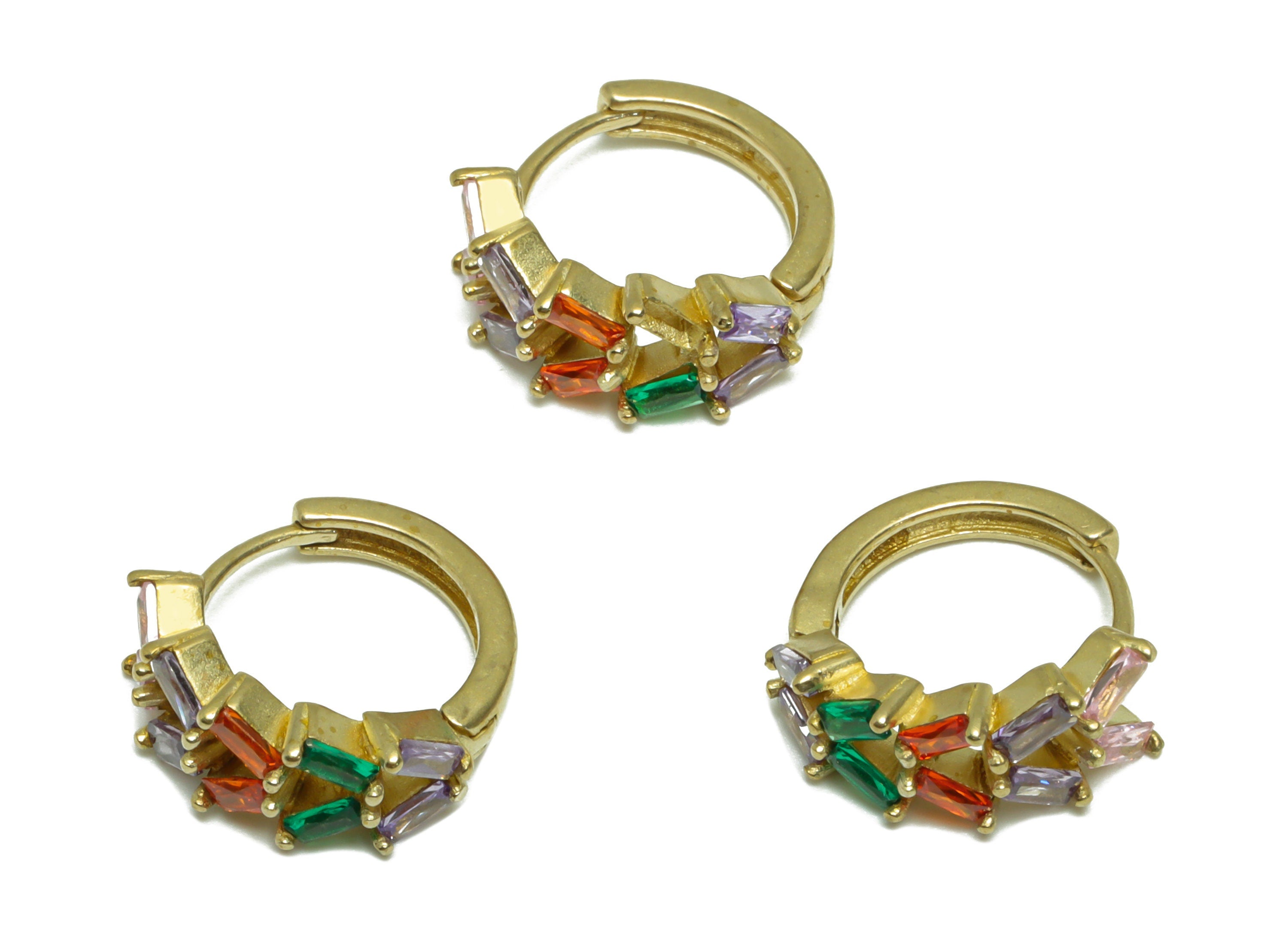 Brass CZ Rectangle Huggie Hoop Earring - Raw Brass Cubic Zircon Hoop Wire Earring - Brass Rainbow CZ Huggie Hoop Earring - 14x14x6mm -PP9800 - DOMEDBAZAAR