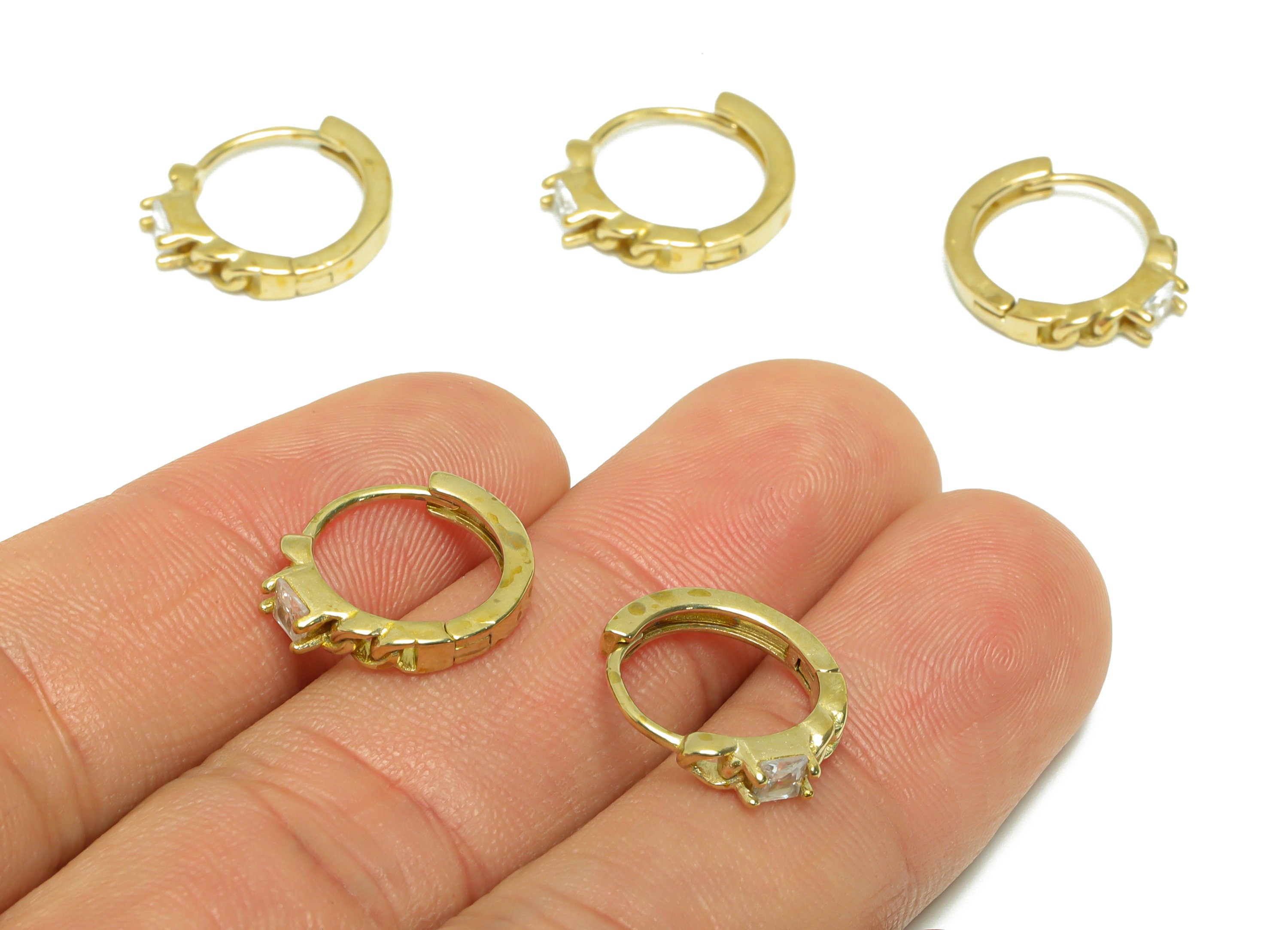 Brass CZ Rope Chain Huggie Hoop Earring - Raw Brass Hoop Wire Ring Earring - Brass Cubic Zircon Huggie Hoop Earring - 16x13x3mm - PP9820 - DOMEDBAZAAR