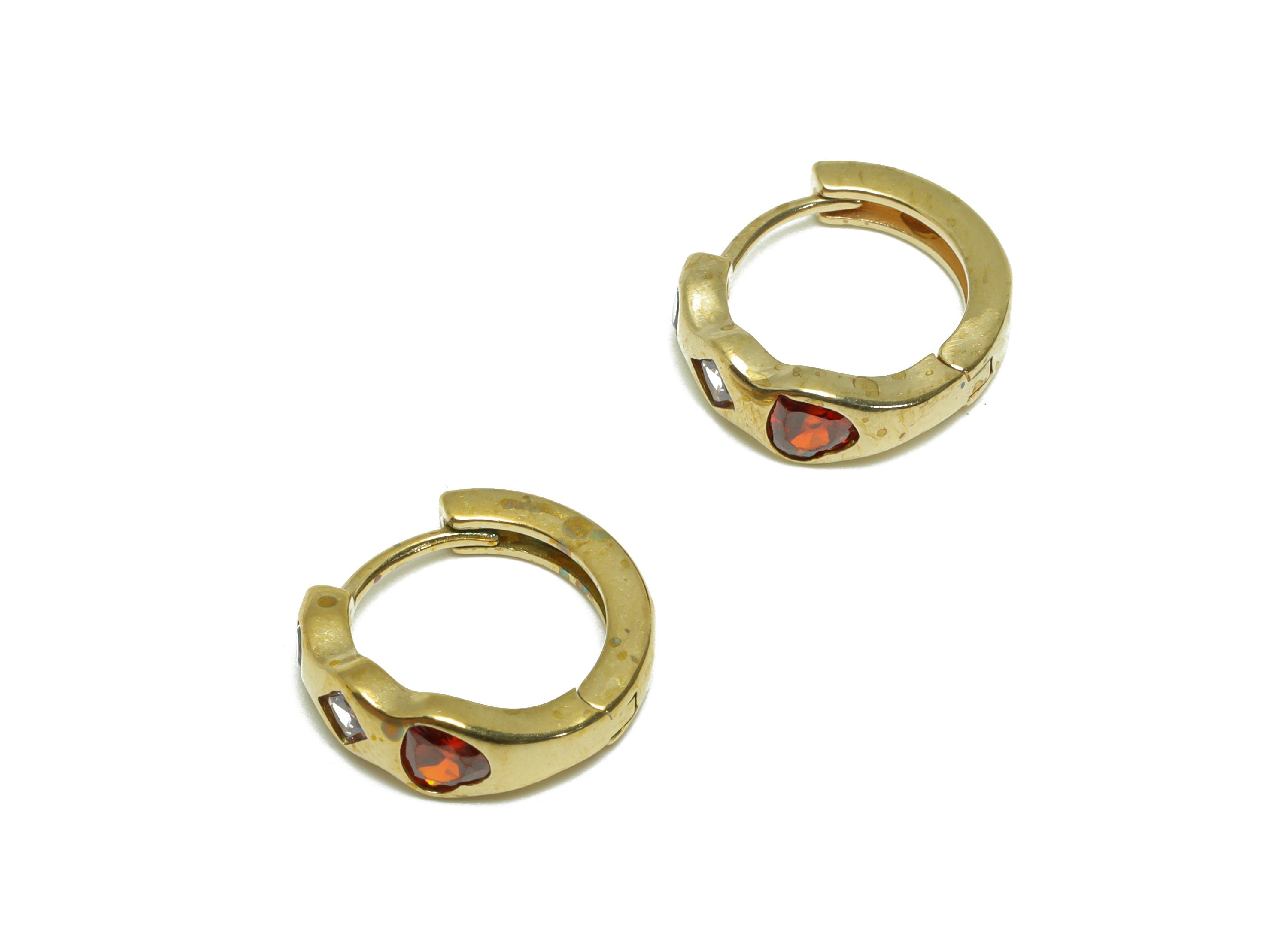 Brass CZ Heart Huggie Hoop Earring - Raw Brass Geometry Hoop Wire Ring Earring - Brass Cubic Zircon Huggie Hoop Earring - 15x14x5mm - PP9823 - DOMEDBAZAAR