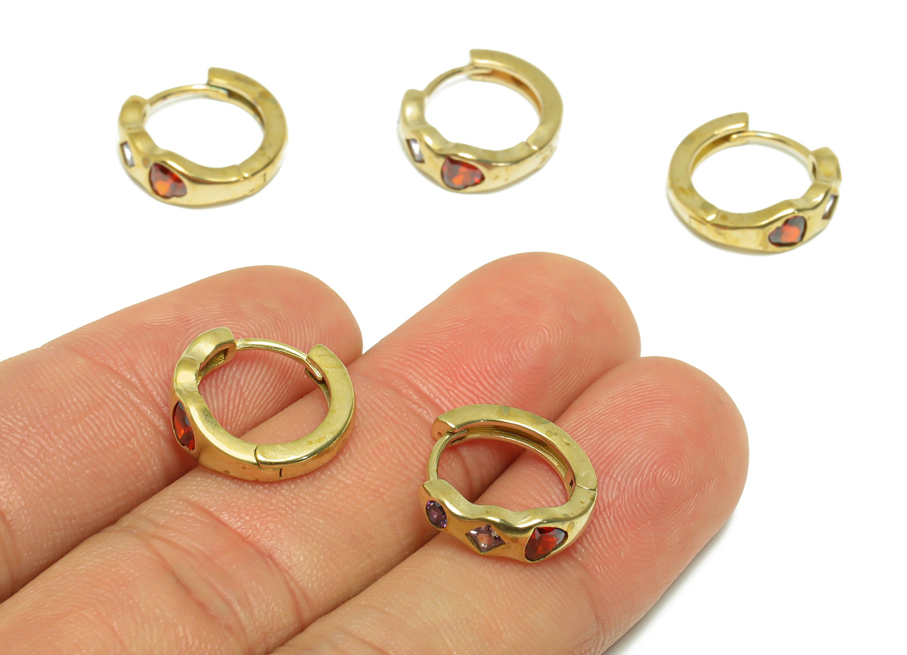Brass CZ Heart Huggie Hoop Earring - Raw Brass Geometry Hoop Wire Ring Earring - Brass Cubic Zircon Huggie Hoop Earring - 15x14x5mm - PP9823 - DOMEDBAZAAR