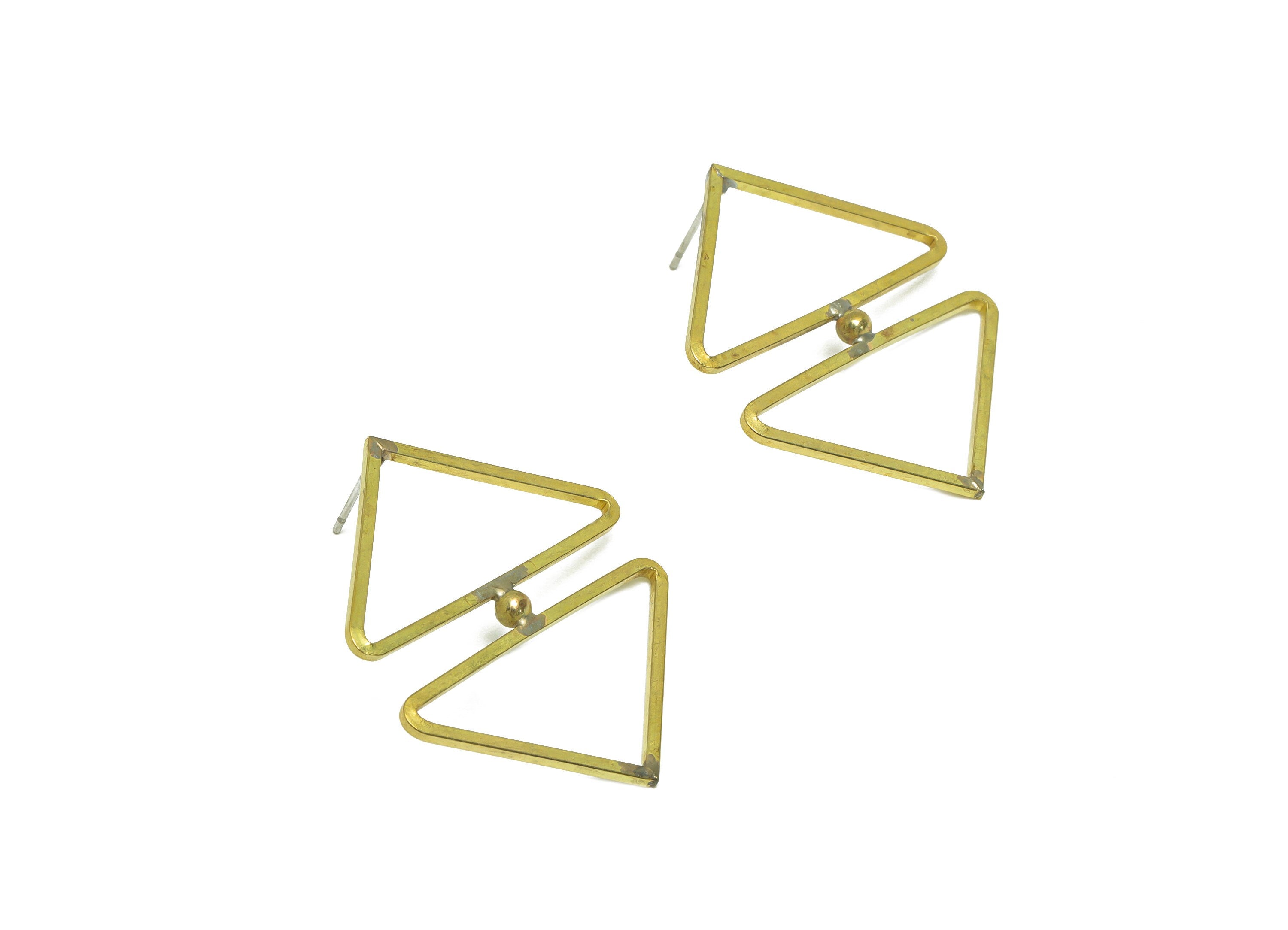 Brass Triangle Earring Stud - Raw Brass Double Triangle Earring Post - Brass Geometry Earring Post - Ball Triangle Stud - 37x31x1mm - PP9941 - DOMEDBAZAAR