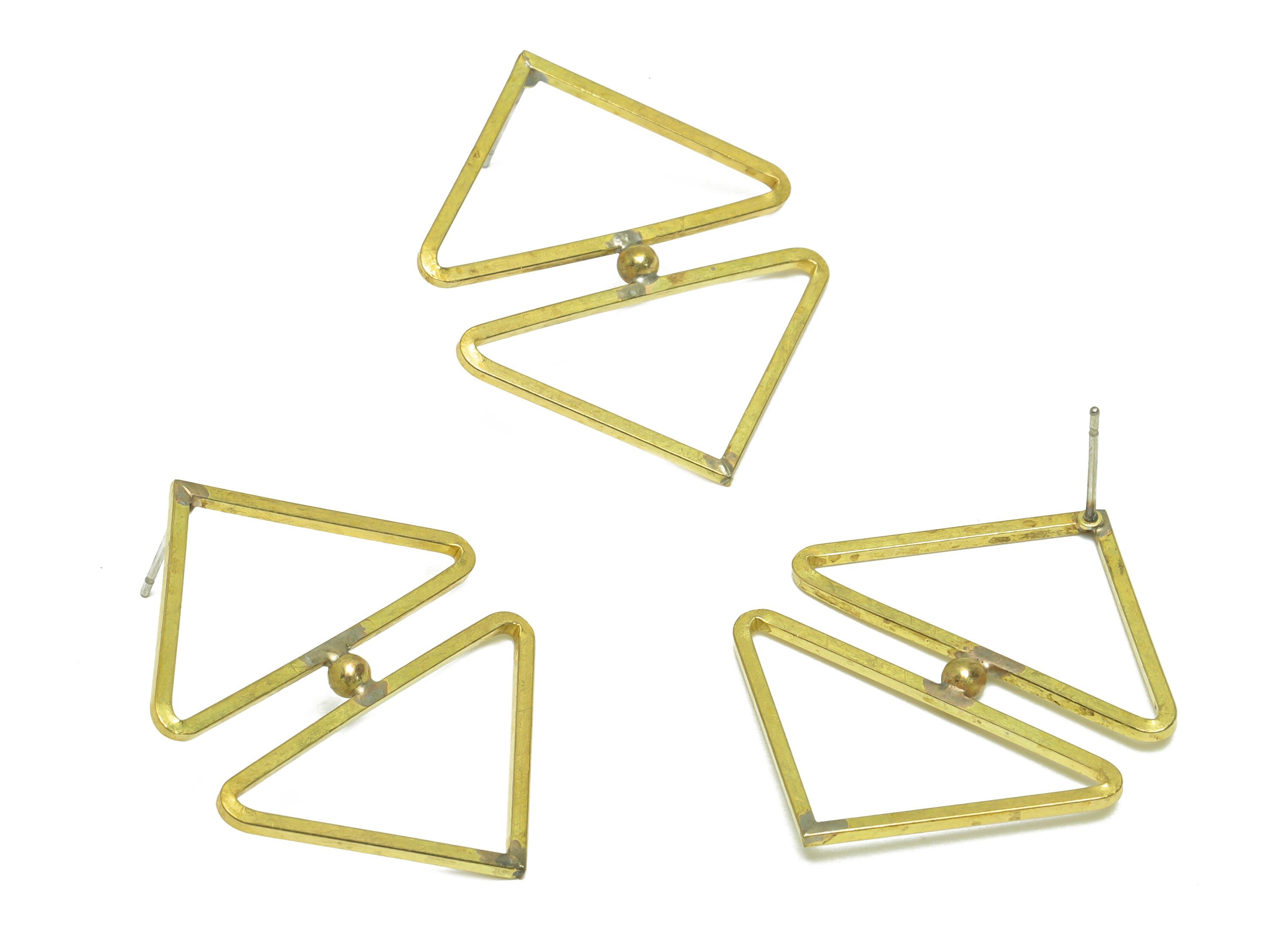 Brass Triangle Earring Stud - Raw Brass Double Triangle Earring Post - Brass Geometry Earring Post - Ball Triangle Stud - 37x31x1mm - PP9941 - DOMEDBAZAAR