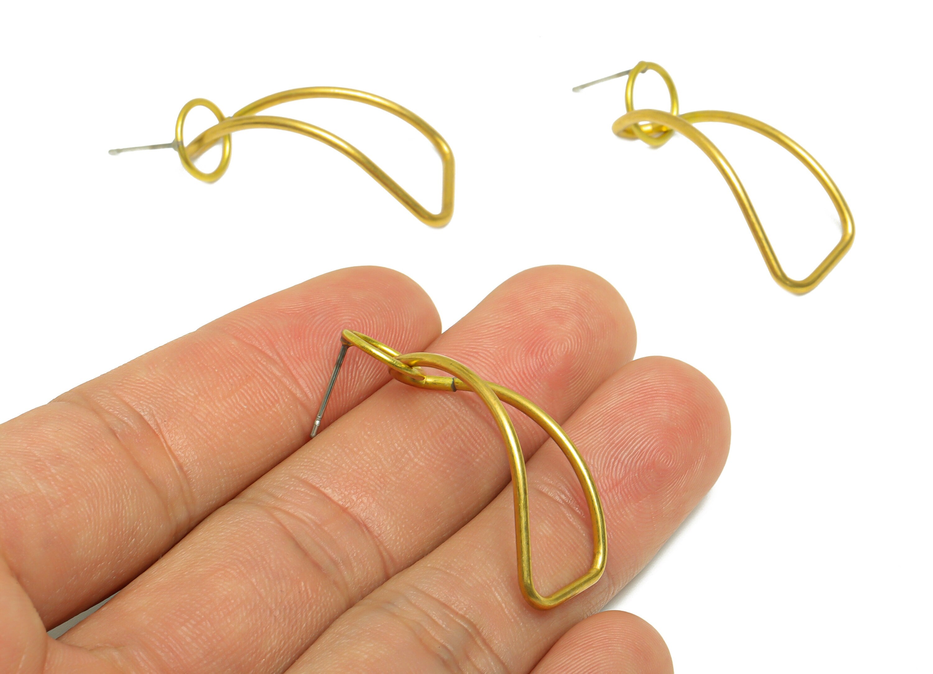 Brass Round Dangle Earring Stud - Raw Brass Twisted Wire Earring Post - Brass Curly Wire Circle Earring Post - 39.15x14.59x1.6mm - PP9921 - DOMEDBAZAAR
