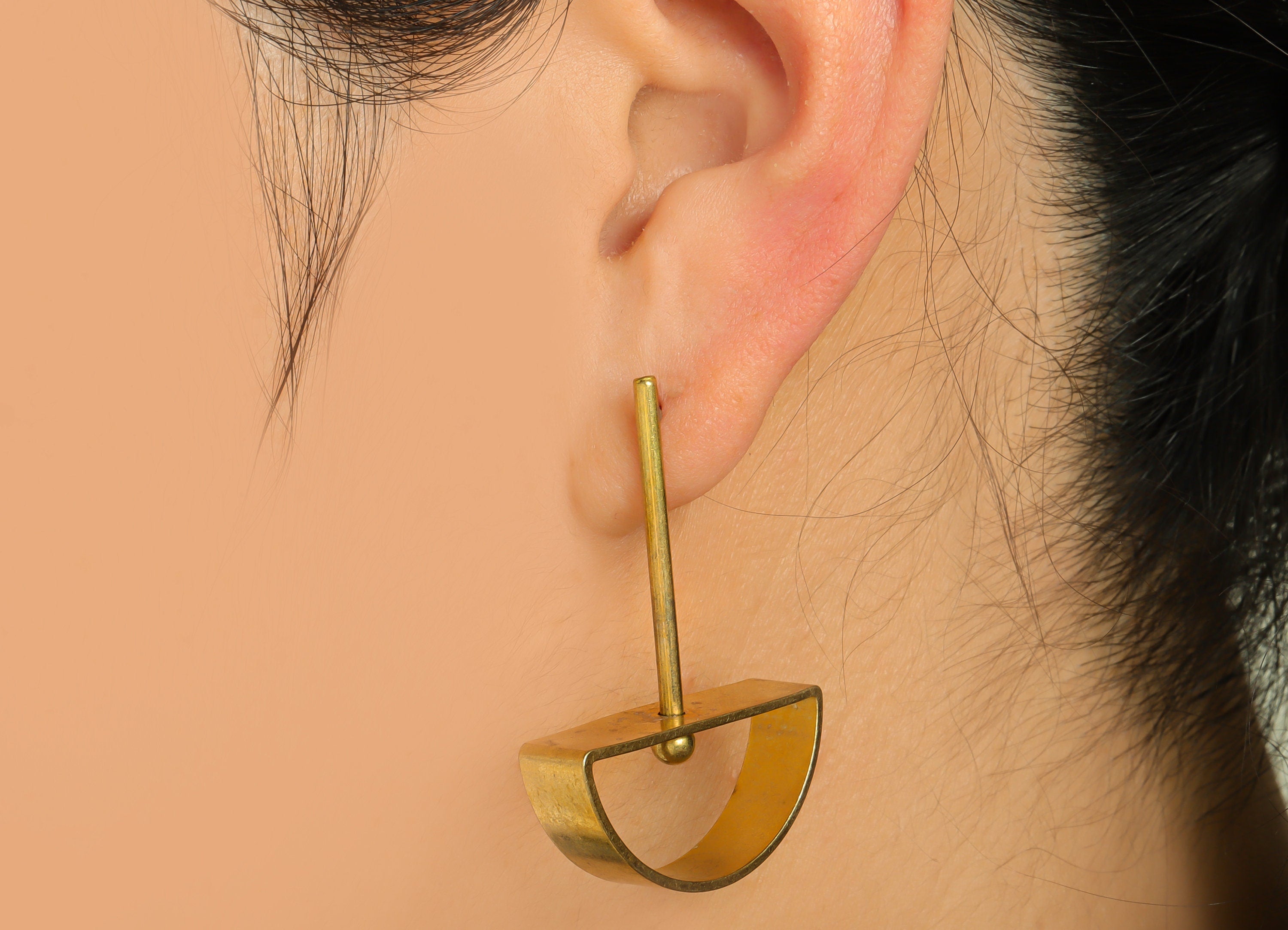 Brass Semicircle Dangle Earring - Raw Brass D Stick Wire Earring Post - Brass Ball Earring Post - Geometry Earring Post - 44x30x7mm - PP9943 - DOMEDBAZAAR