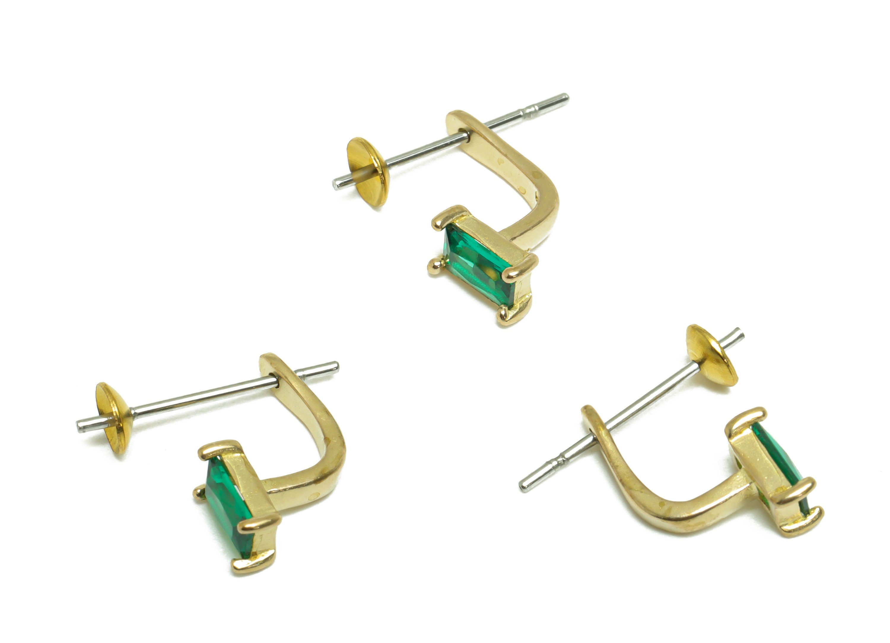 Brass CZ Earring Stud - Raw Brass Cubic Zircon Green Rectangle Earring - Brass Pearl Setting For Earring Post - Ear Jacket - 11x8x3mm-PP9705 - DOMEDBAZAAR