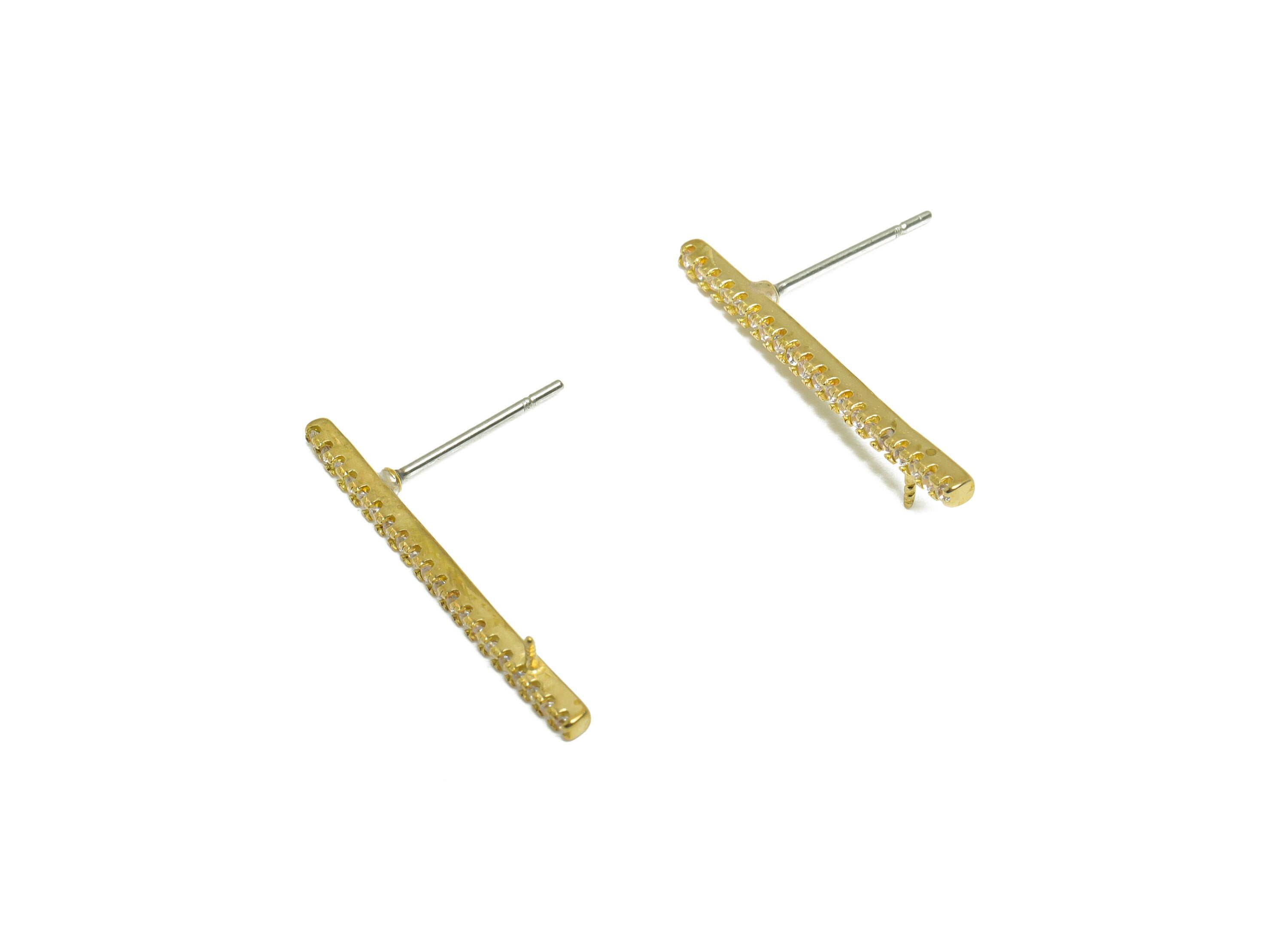 Brass CZ Rectangle Earring Stud - Raw Brass Cubic Zircon Stick Earring - Brass Earring Post - Pearl Setting for Earring - 25x4x2mm - PP9748 - DOMEDBAZAAR