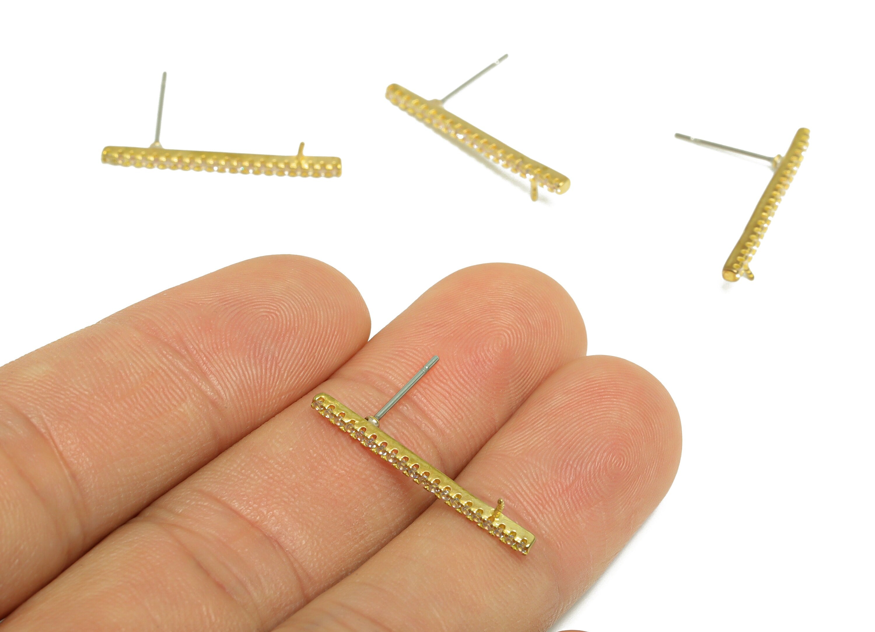 Brass CZ Rectangle Earring Stud - Raw Brass Cubic Zircon Stick Earring - Brass Earring Post - Pearl Setting for Earring - 25x4x2mm - PP9748 - DOMEDBAZAAR