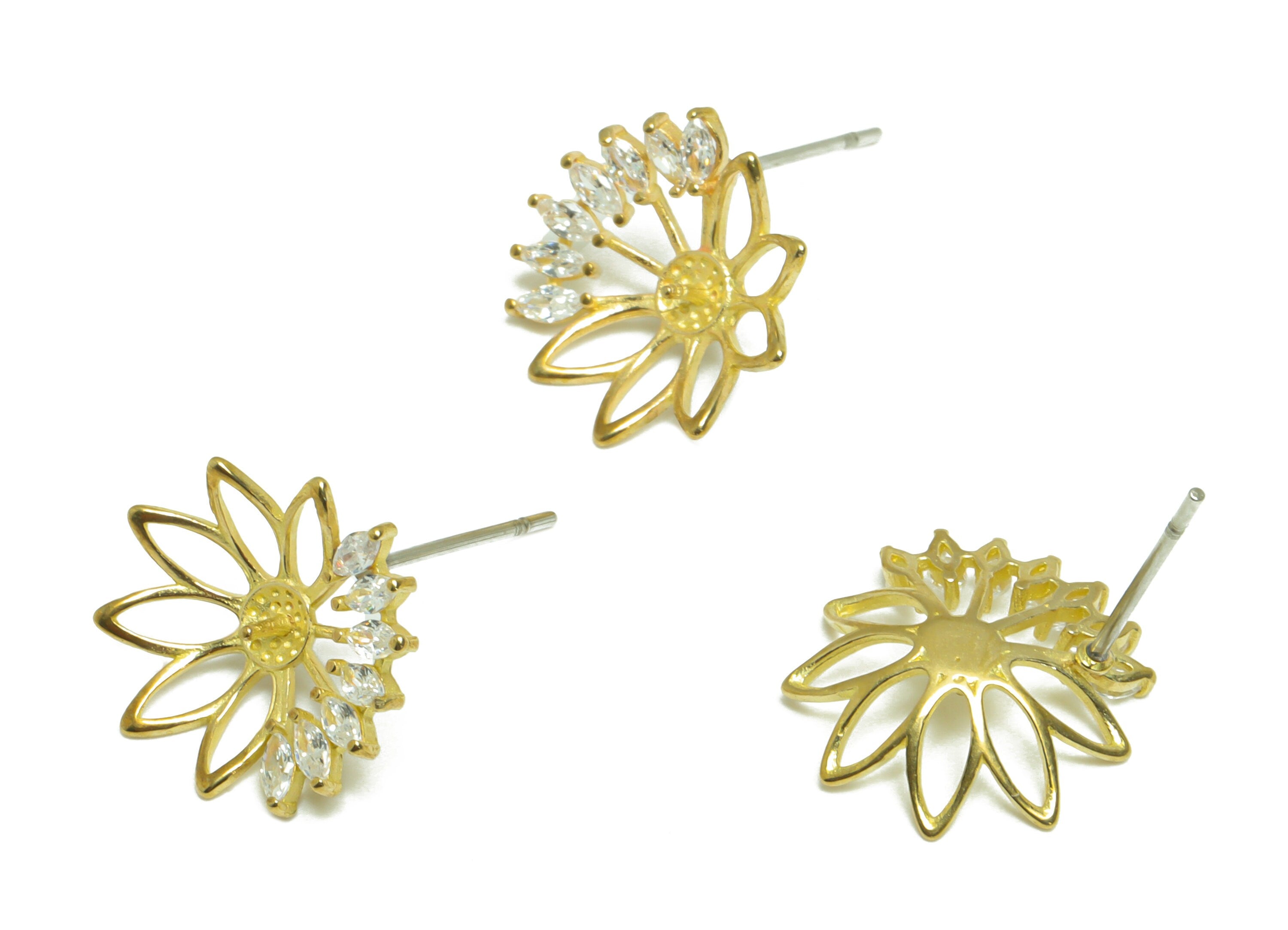 Brass CZ Flower Earring Stud - Raw Brass Cubic Zircon Marquise Lotus Earring - Brass Pearl Setting For Earring Post - 13.7x13.2x3mm - PP9746 - DOMEDBAZAAR
