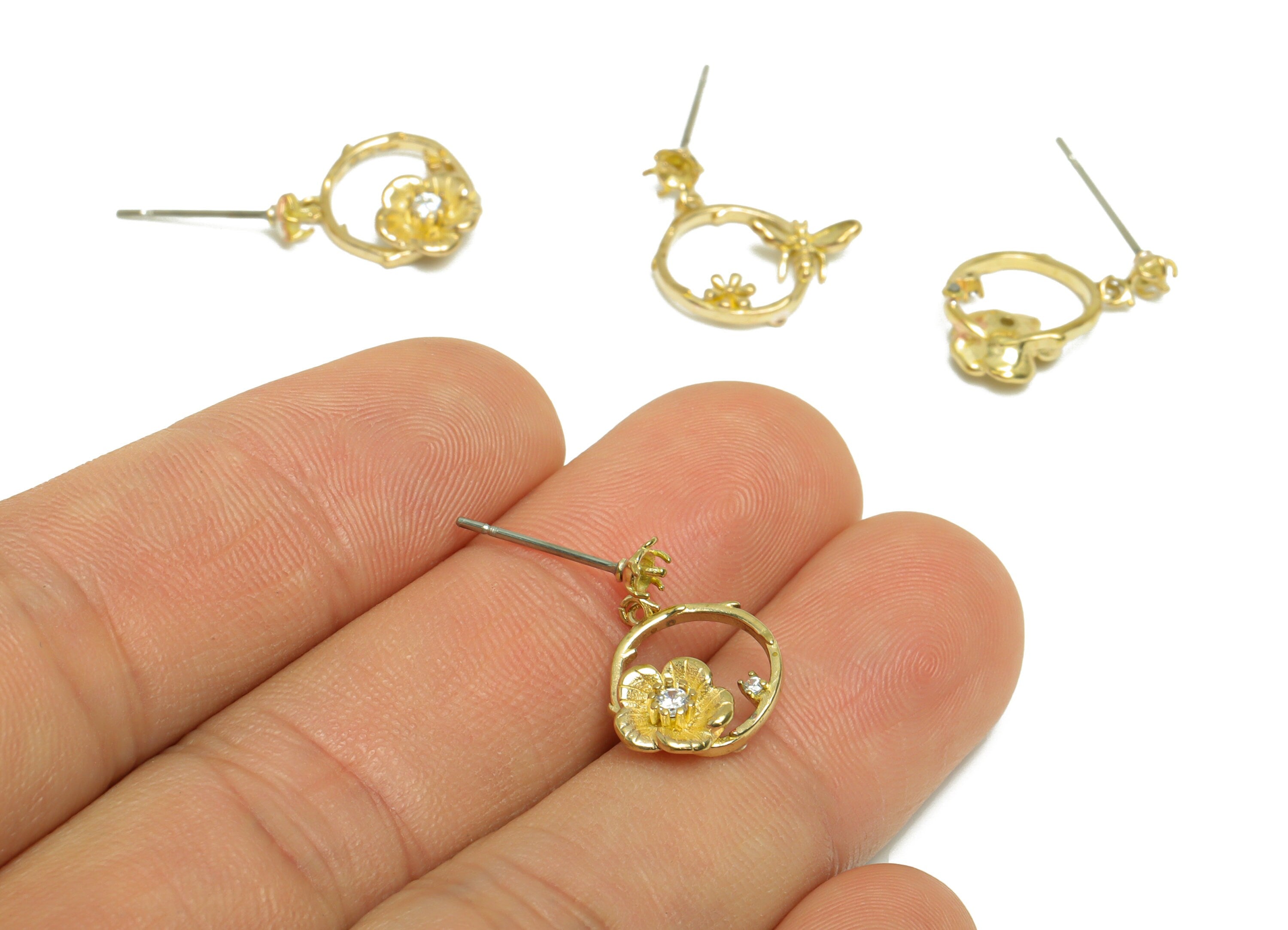 Brass CZ Flower Dangle Earring Stud - Raw Brass Cubic Zircon Bee Earring Post - Brass Diamond Setting For Earring Post -16.4x11x4mm -PP9732 - DOMEDBAZAAR