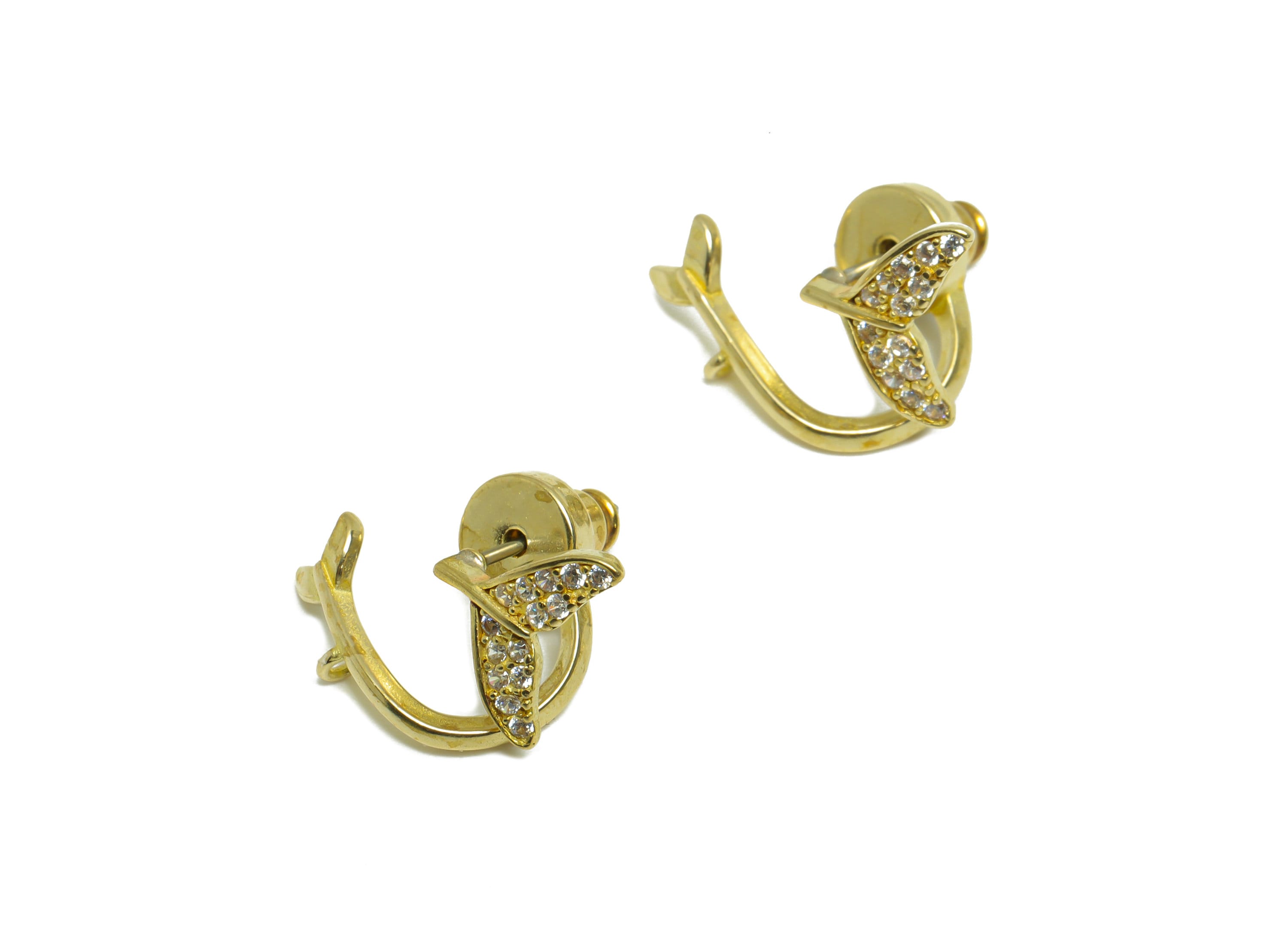 Brass CZ Fish Tail Earring Stud - Raw Brass Cubic Zircon Whale Tail Earring Post - Whale Tail Earring Post With Loop - 13x10x9mm - PP9744 - DOMEDBAZAAR