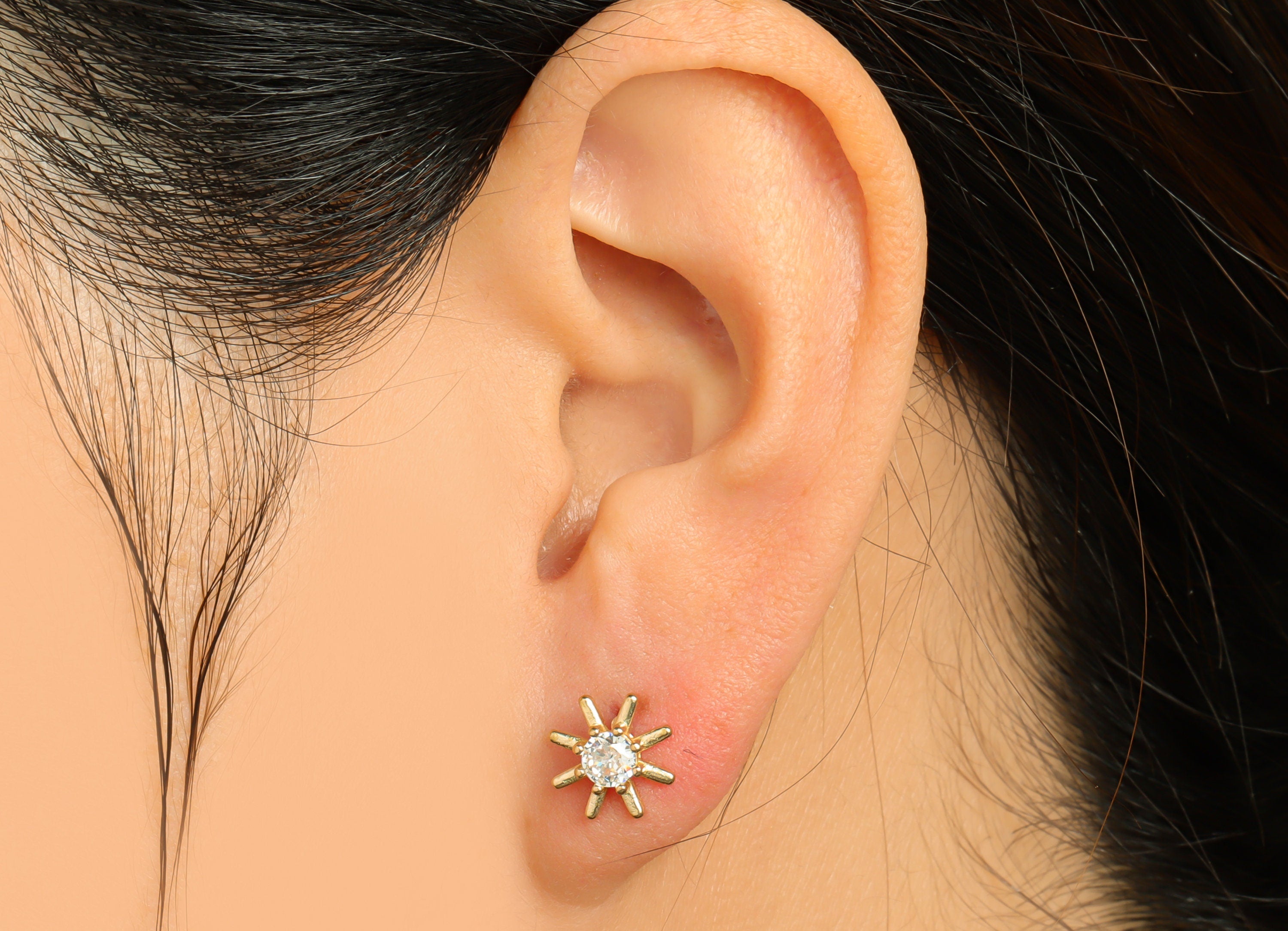 Brass CZ Sun Earring Stud - Raw Brass Cubic Zircon Sunshine Earring Post - Zircon Flower Earring Post - 14.3x9.7x3.1mm - PP9787 - DOMEDBAZAAR