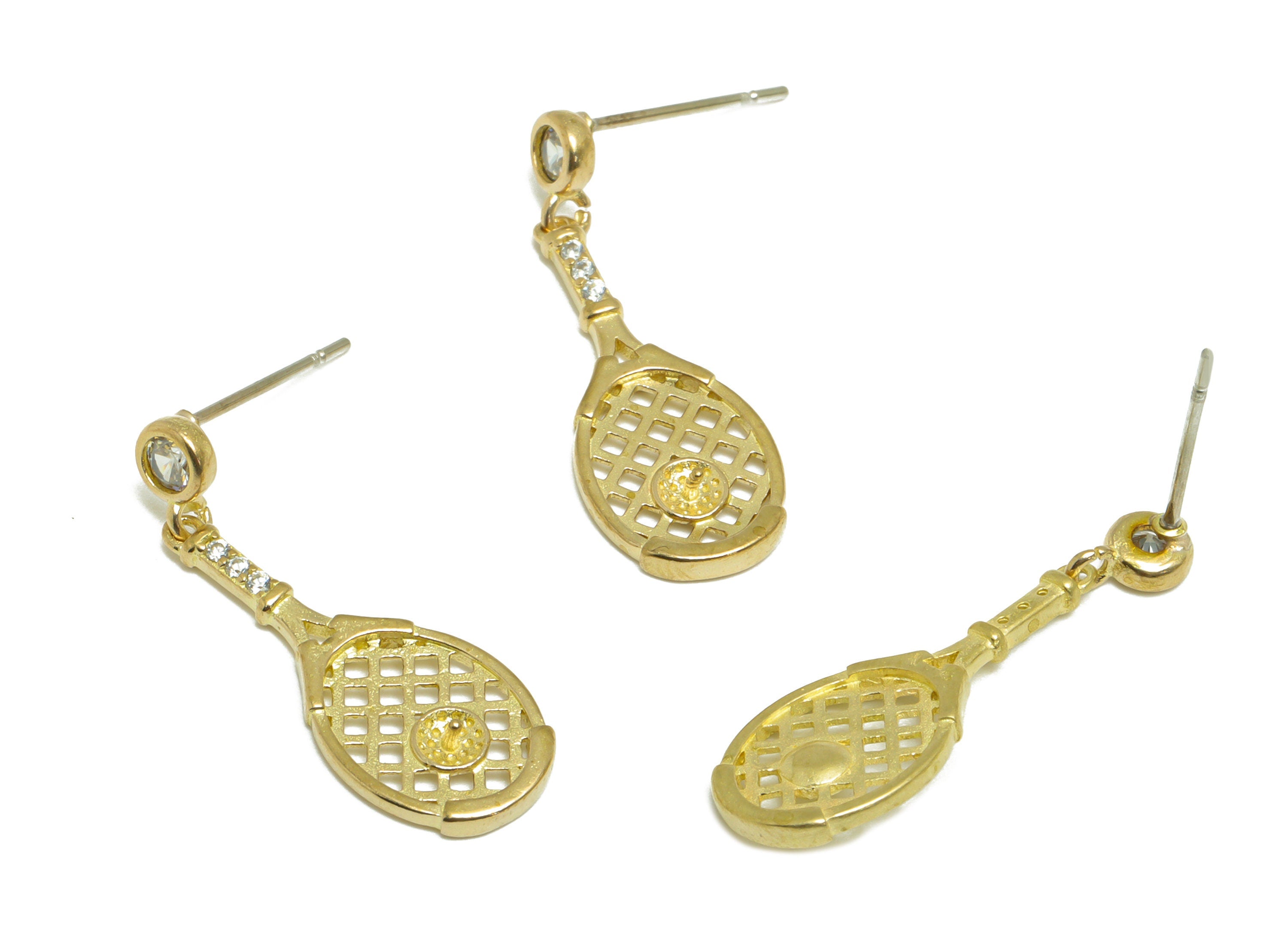 Brass CZ Tennis Racket Earring Stud - Raw Brass Cubic Zircon Racket Earring Post - Brass Pearl Setting For Earring Post - 25x9.5x3mm -PP9707 - DOMEDBAZAAR