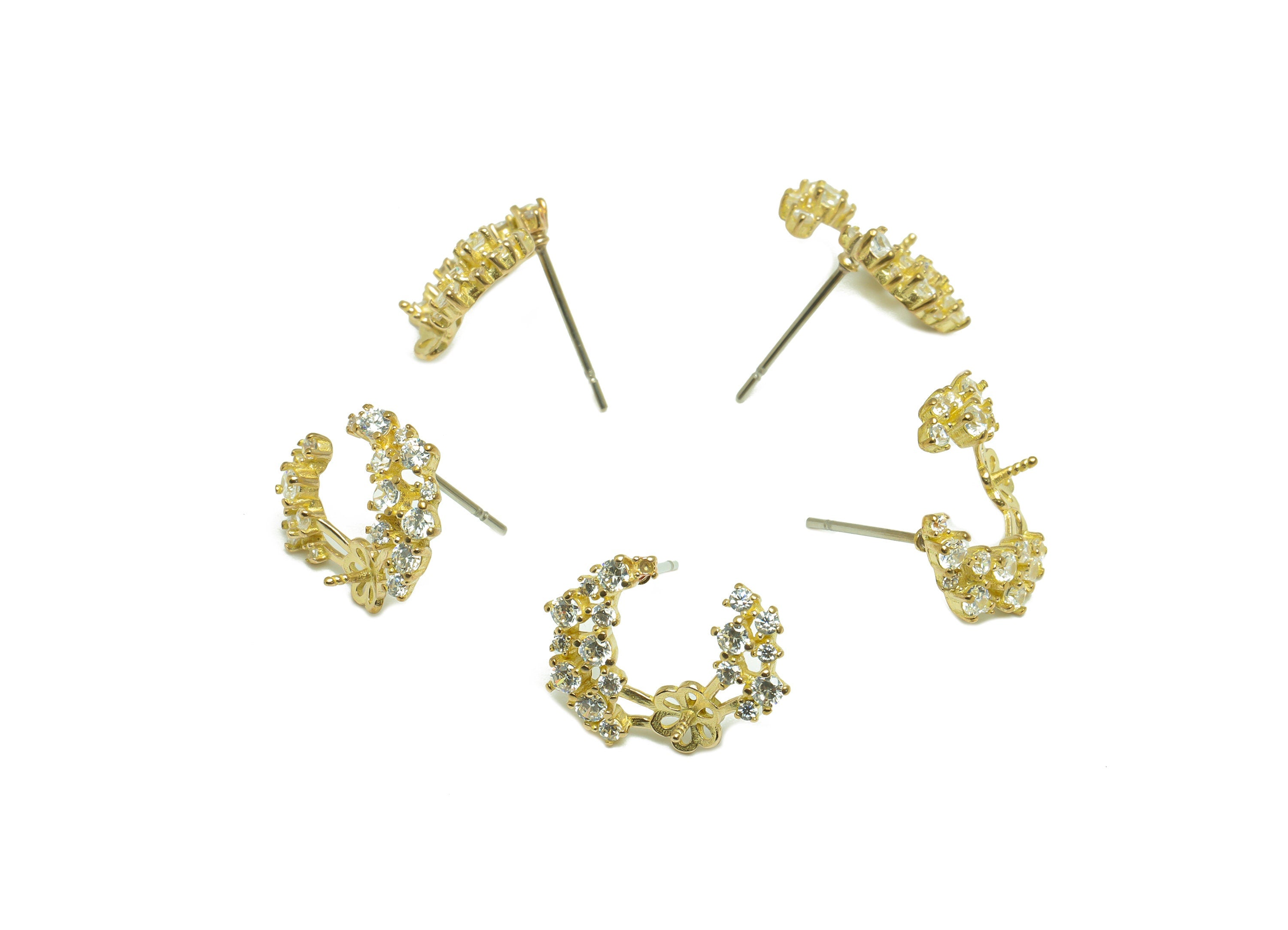 Brass CZ Crescent Earring Stud - Raw Brass Cubic Zircon Moon Earring - Brass Pearl Setting For Earring - Zircon Moon - 15x12x3.61mm - PP9708 - DOMEDBAZAAR