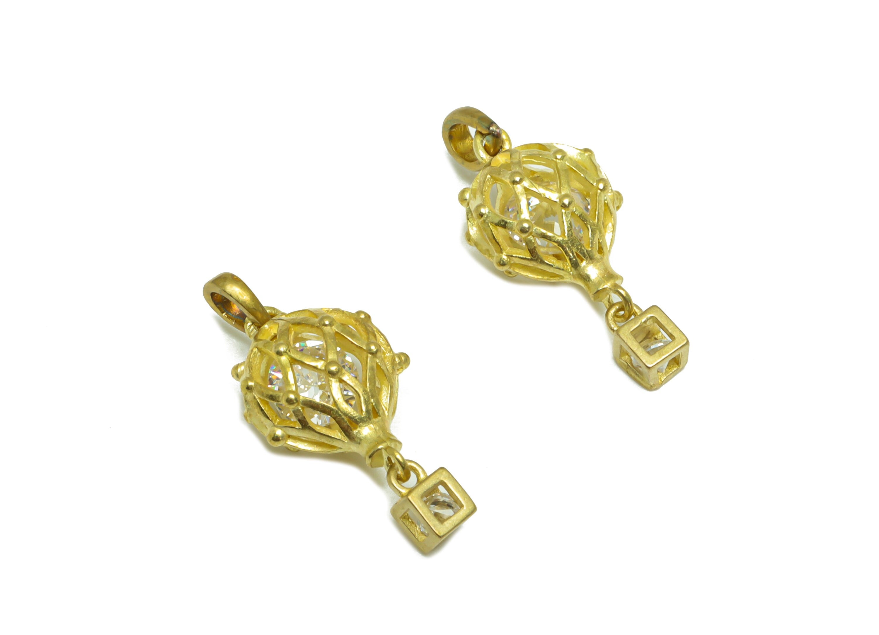 Brass CZ Balloon Earring Charm - Brass Mesh Cube Earring Pendant - Raw Brass Cubic Zircon Earring Charm For Necklace - 21x9.4x6.6mm - PP9771 - DOMEDBAZAAR