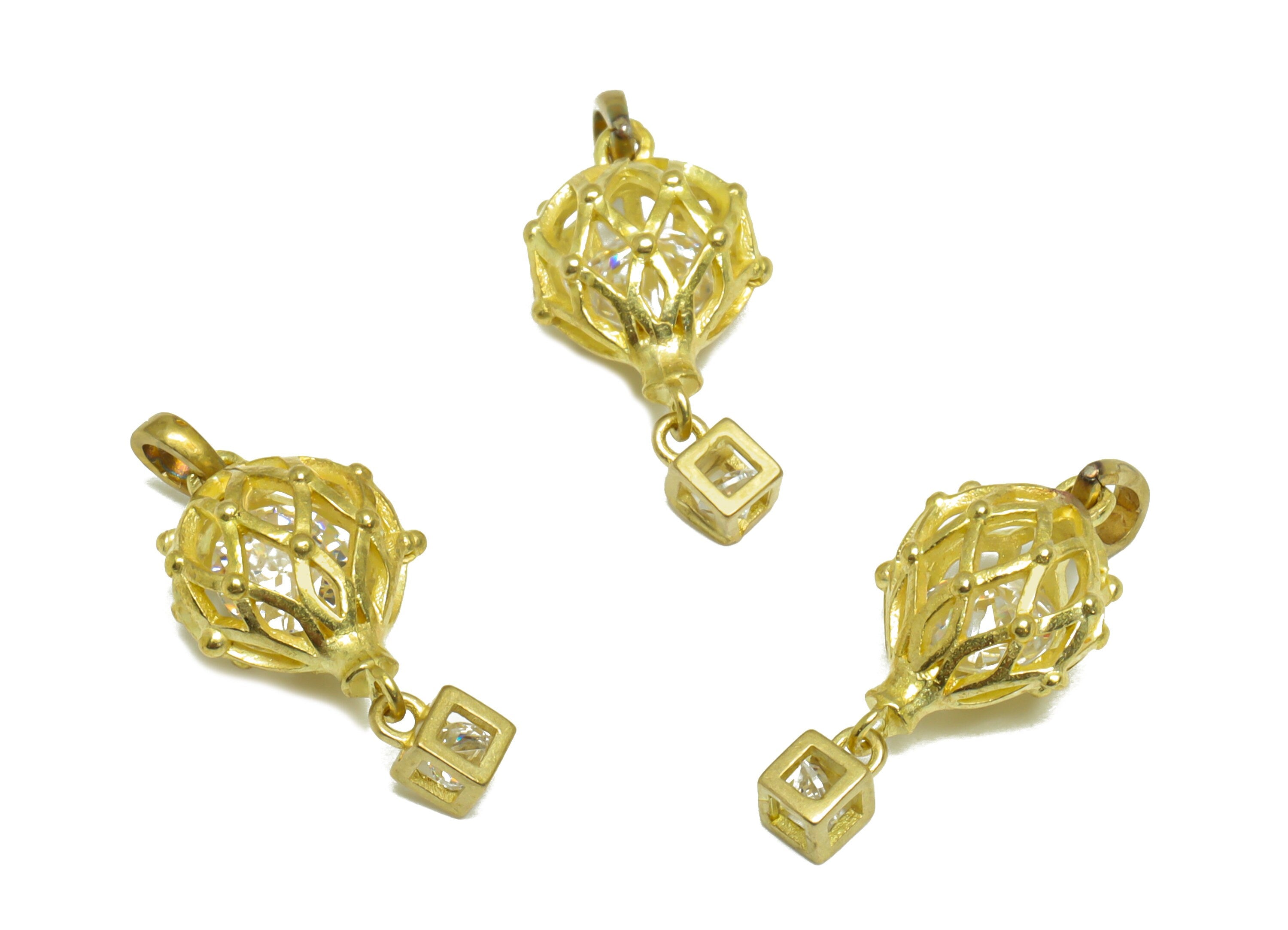 Brass CZ Balloon Earring Charm - Brass Mesh Cube Earring Pendant - Raw Brass Cubic Zircon Earring Charm For Necklace - 21x9.4x6.6mm - PP9771 - DOMEDBAZAAR