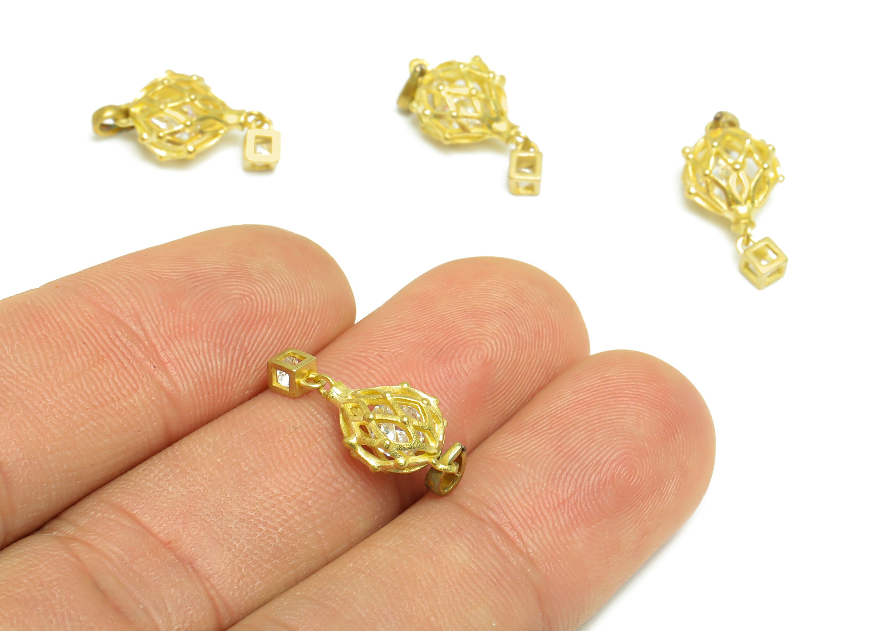 Brass CZ Balloon Earring Charm - Brass Mesh Cube Earring Pendant - Raw Brass Cubic Zircon Earring Charm For Necklace - 21x9.4x6.6mm - PP9771 - DOMEDBAZAAR