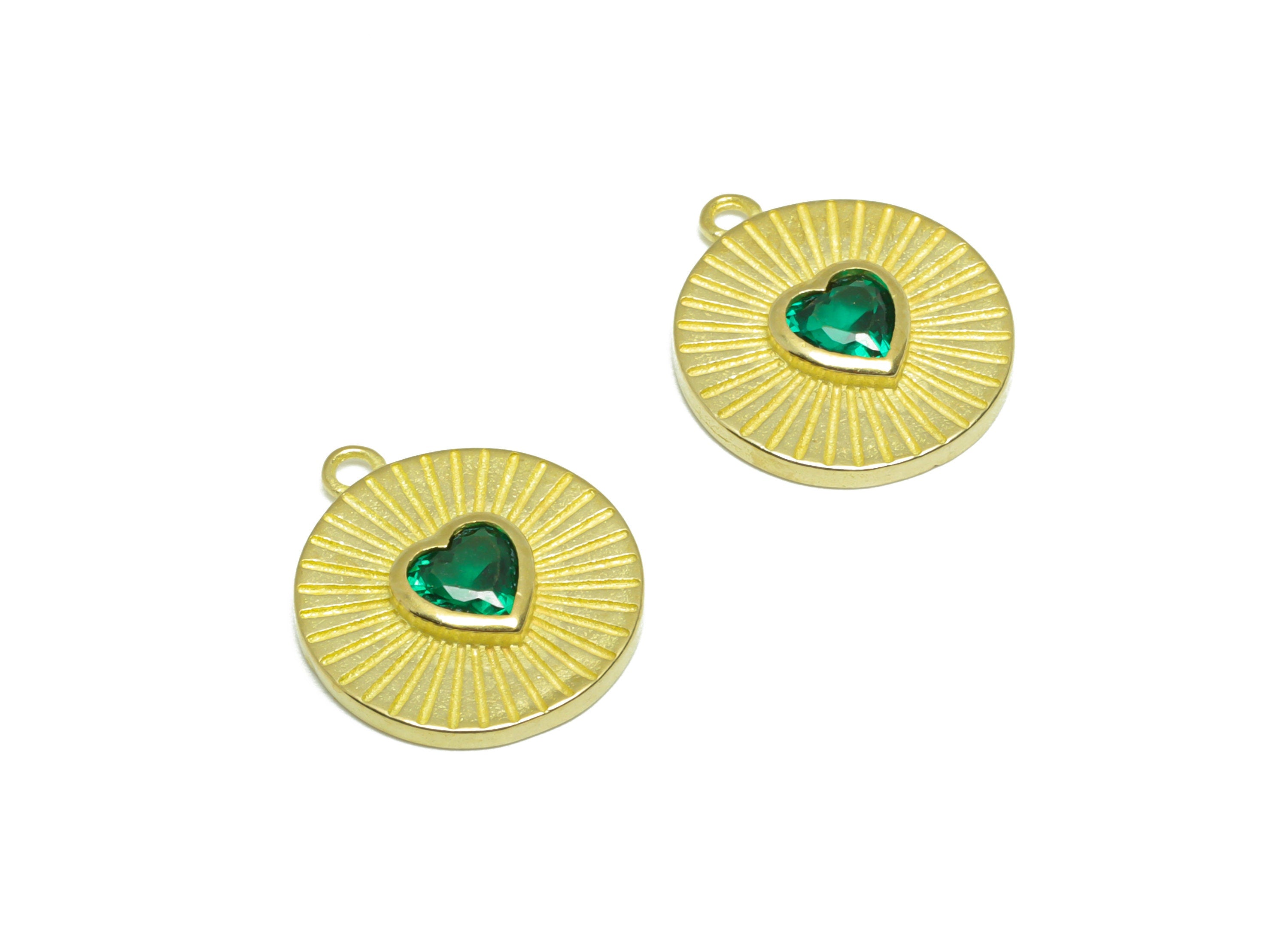 Brass CZ Round Earring Charm - Brass Textured Heart Earring Pendant - Raw Brass Green Heart Cubic Zircon Earring Charm - 17x14x3mm - PP9779 - DOMEDBAZAAR