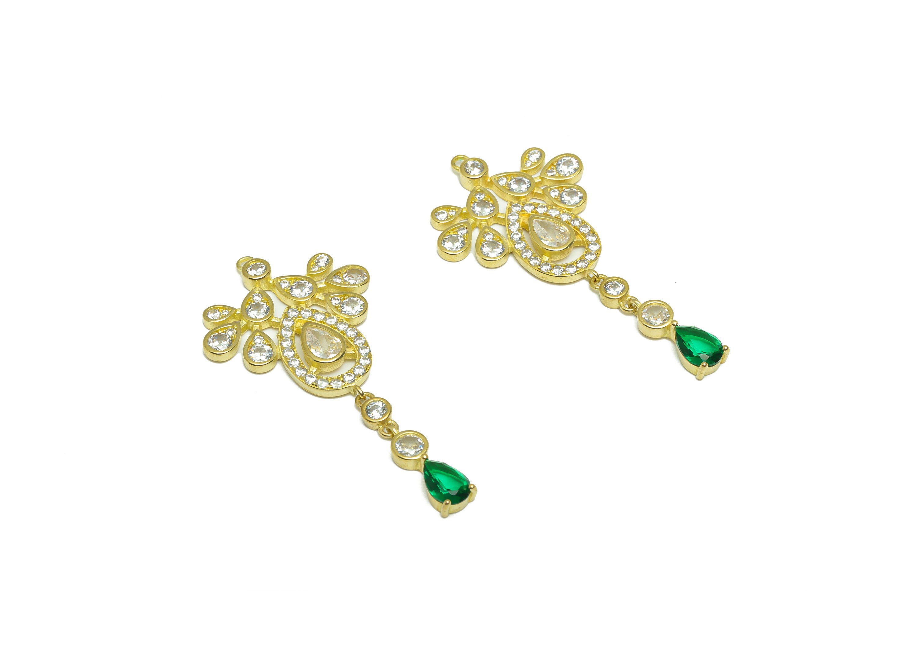 Brass CZ Teardrop Earring Charm - Brass Drop Vintage Antique Earring Pendant - Raw Brass Green Zircon Earring Charm - 46x23x2.72mm - PP9777 - DOMEDBAZAAR