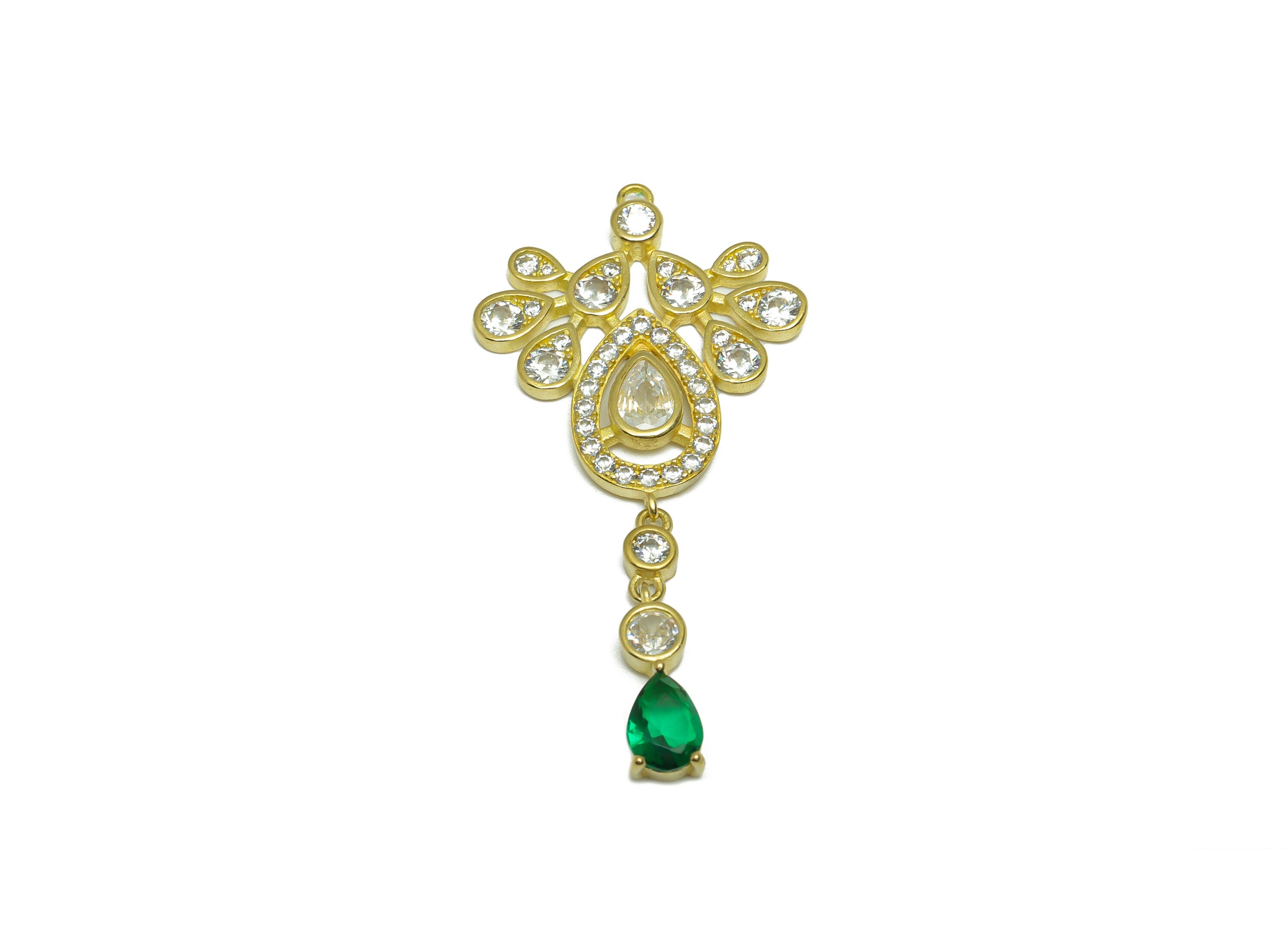 Brass CZ Teardrop Earring Charm - Brass Drop Vintage Antique Earring Pendant - Raw Brass Green Zircon Earring Charm - 46x23x2.72mm - PP9777 - DOMEDBAZAAR