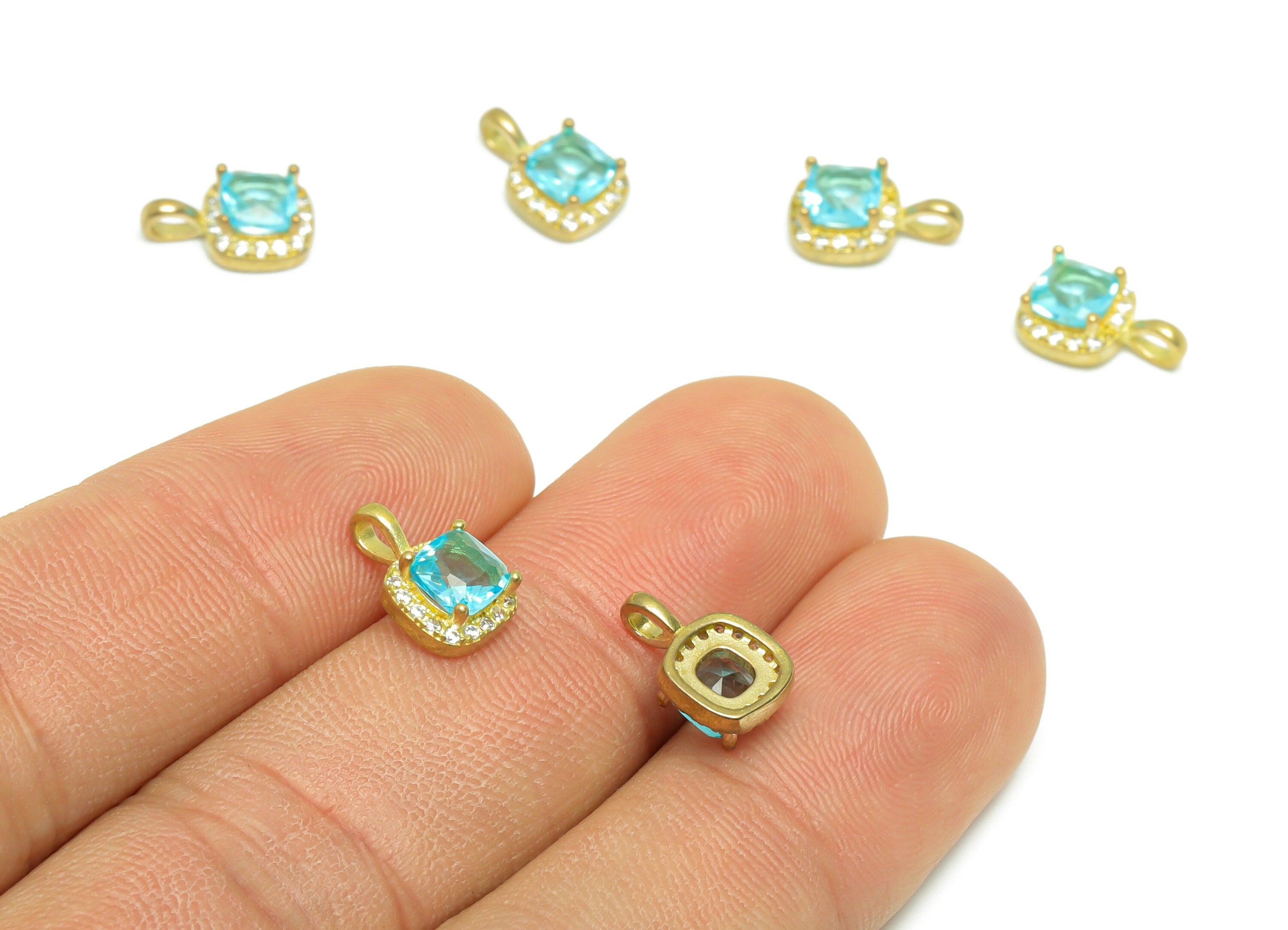 Brass CZ Square Earring Charm - Raw Brass Blue Earring Pendant - Brass Cubic Zircon Earring Charm - Bracelet Bead - 11x7.3x4.13mm - PP9761 - DOMEDBAZAAR
