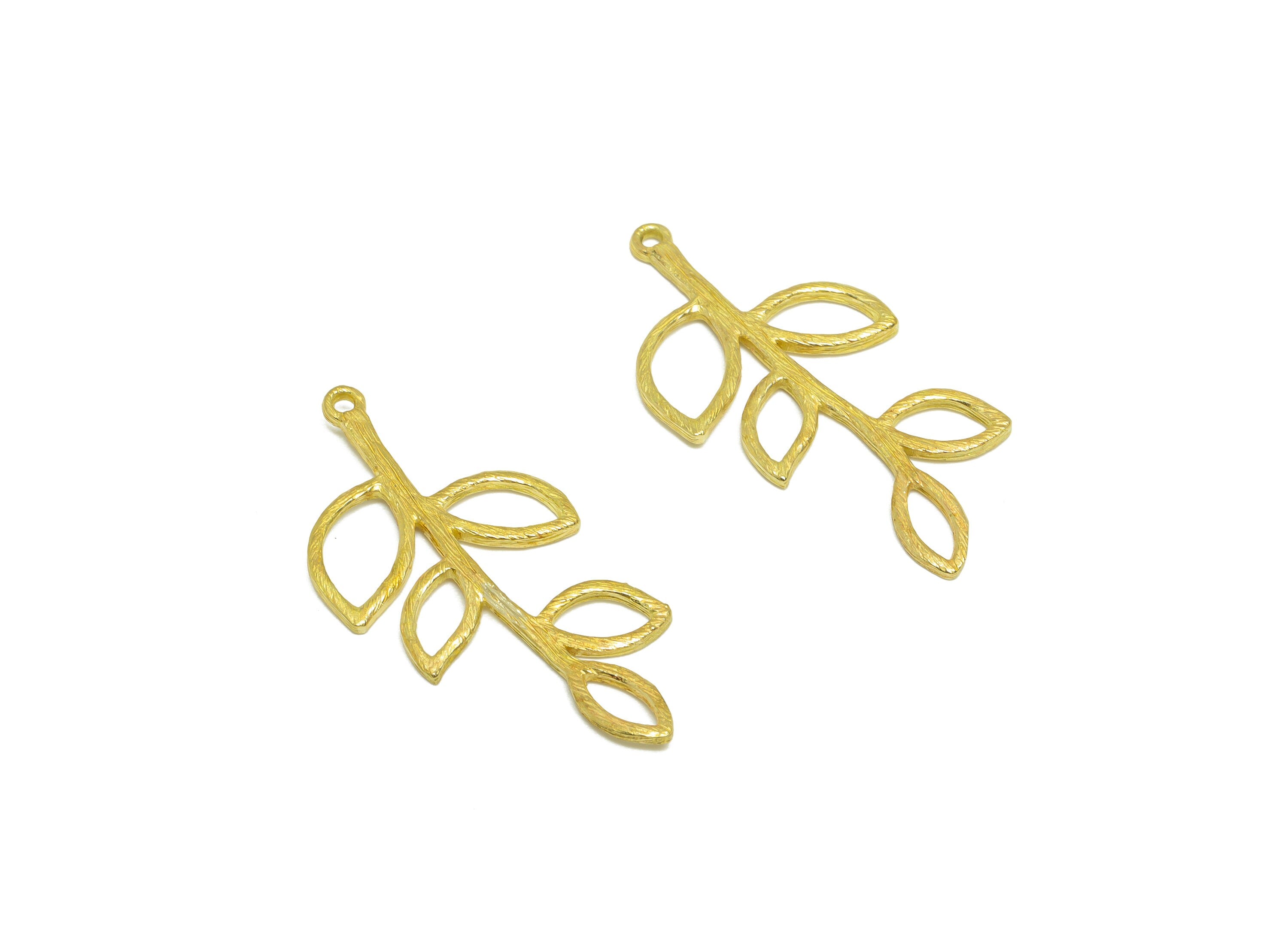Brass Leaf Earring Charm - Brass Leaf Branch Earring Pendant - Raw Brass Botanical Earring Charm - 35.7x17.7x1.53mm - PP9702 - DOMEDBAZAAR