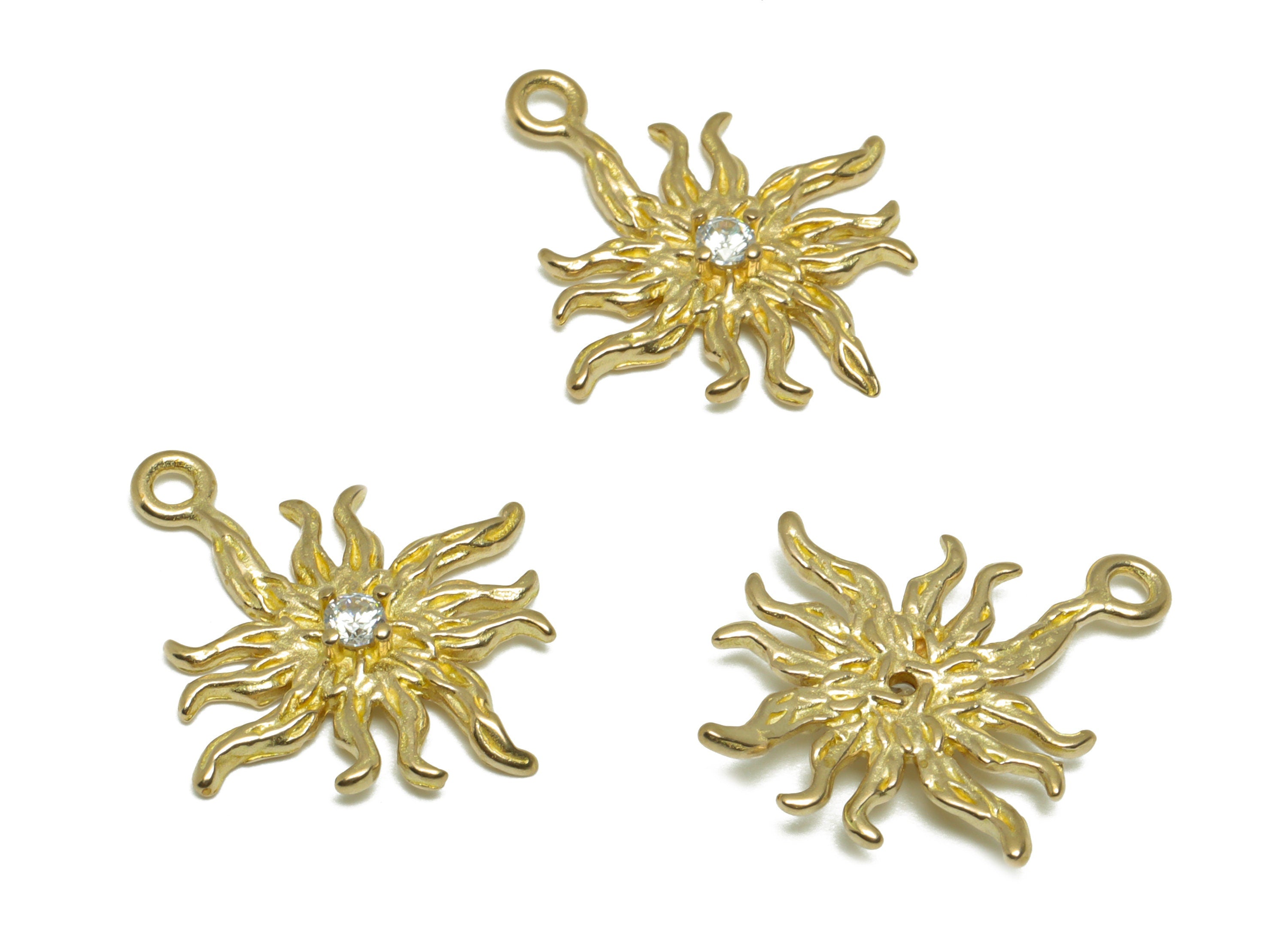 Brass CZ Sun Earring Charm - Brass Textured Sun Earring Pendant - Raw Brass Sunshine Cubic Zircon Earring Charm - 22x17x2.7mm - PP9775 - DOMEDBAZAAR