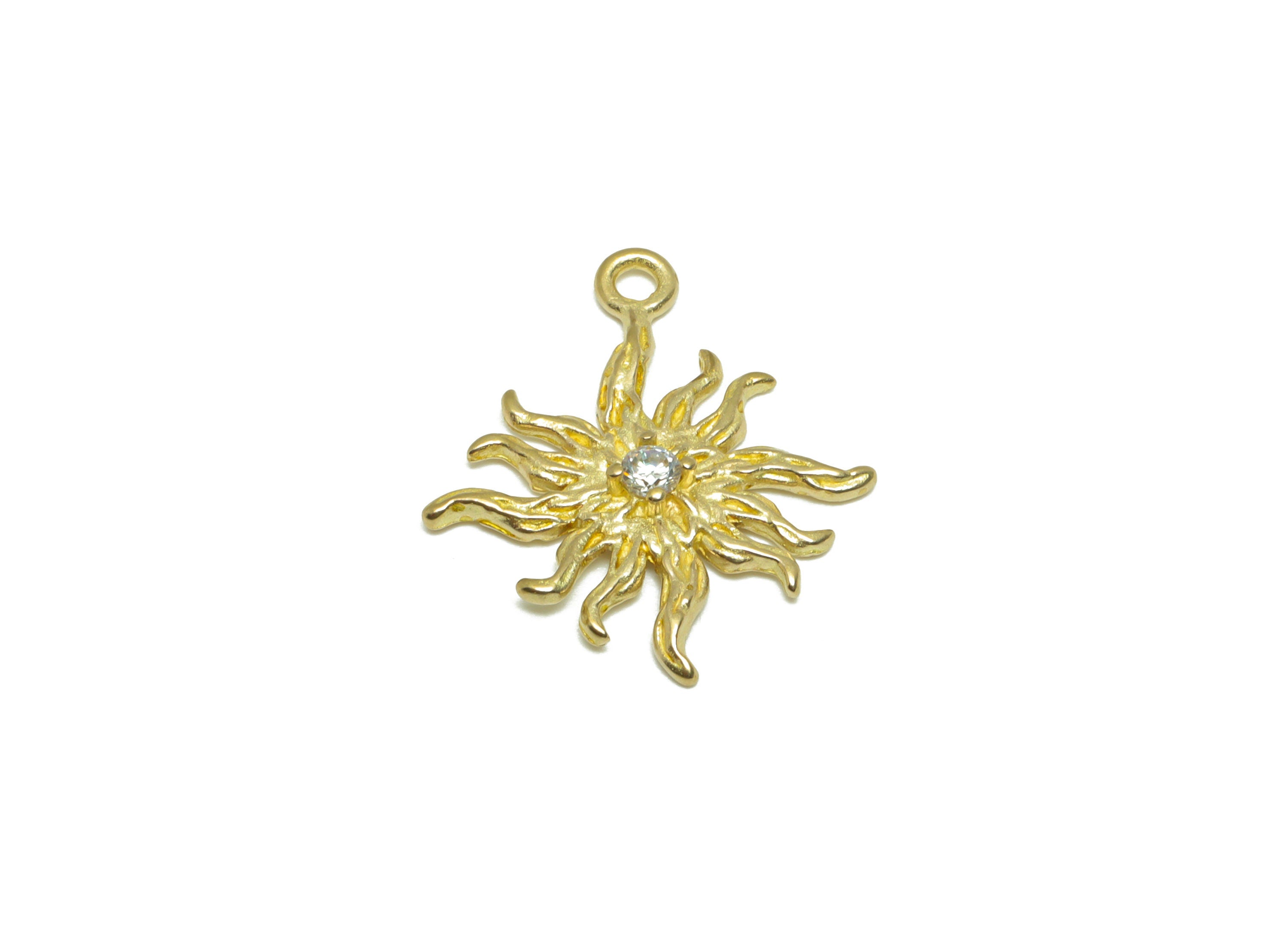 Brass CZ Sun Earring Charm - Brass Textured Sun Earring Pendant - Raw Brass Sunshine Cubic Zircon Earring Charm - 22x17x2.7mm - PP9775 - DOMEDBAZAAR