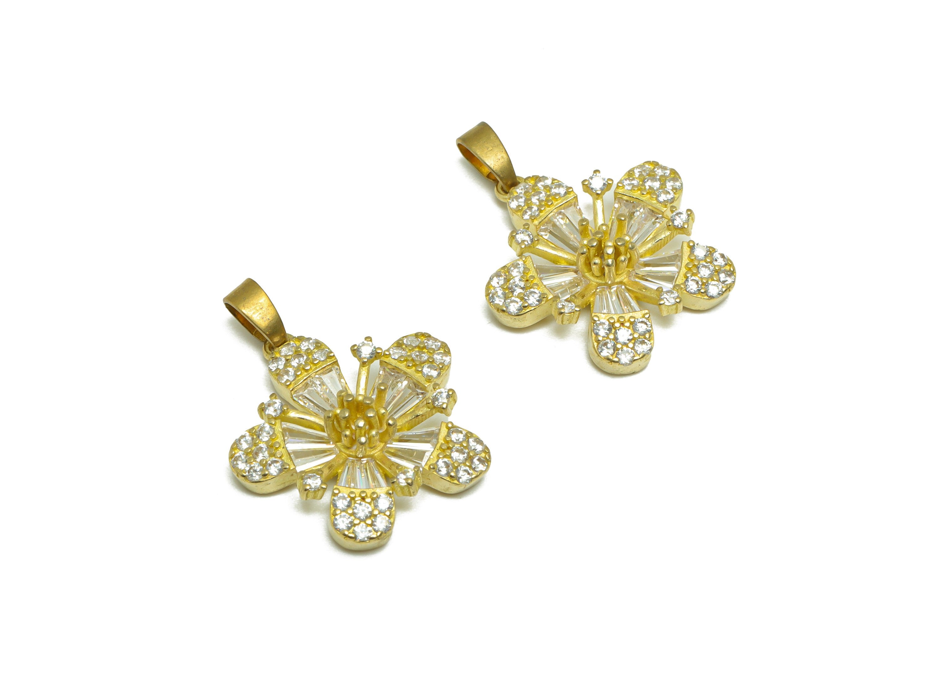 Brass CZ Flower Earring Pendant - Brass Daisy Earring Pendant - Raw Brass Flower Cubic Zircon Earring Charm - For Necklace -23x18x5mm-PP9722 - DOMEDBAZAAR
