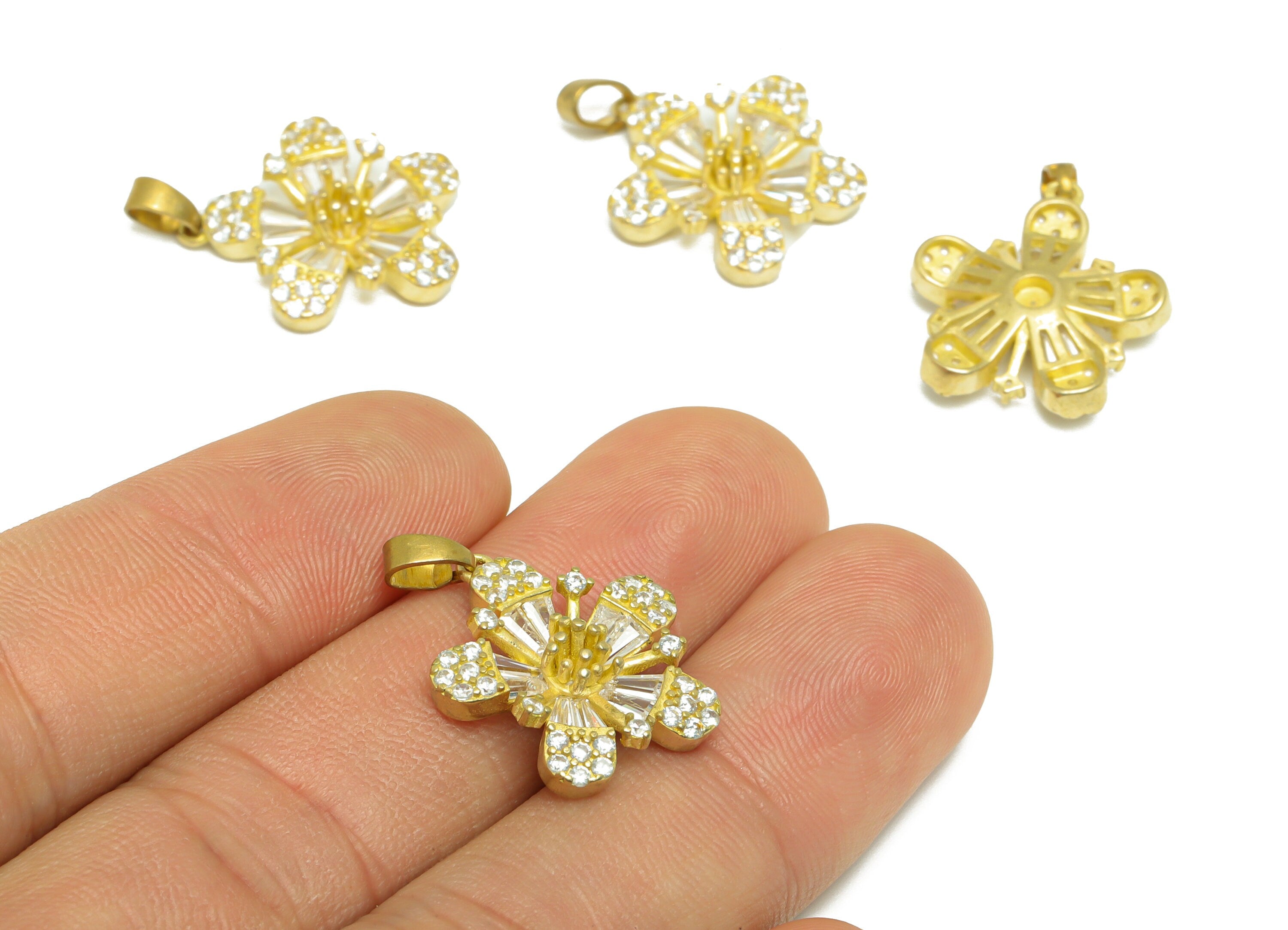 Brass CZ Flower Earring Pendant - Brass Daisy Earring Pendant - Raw Brass Flower Cubic Zircon Earring Charm - For Necklace -23x18x5mm-PP9722 - DOMEDBAZAAR