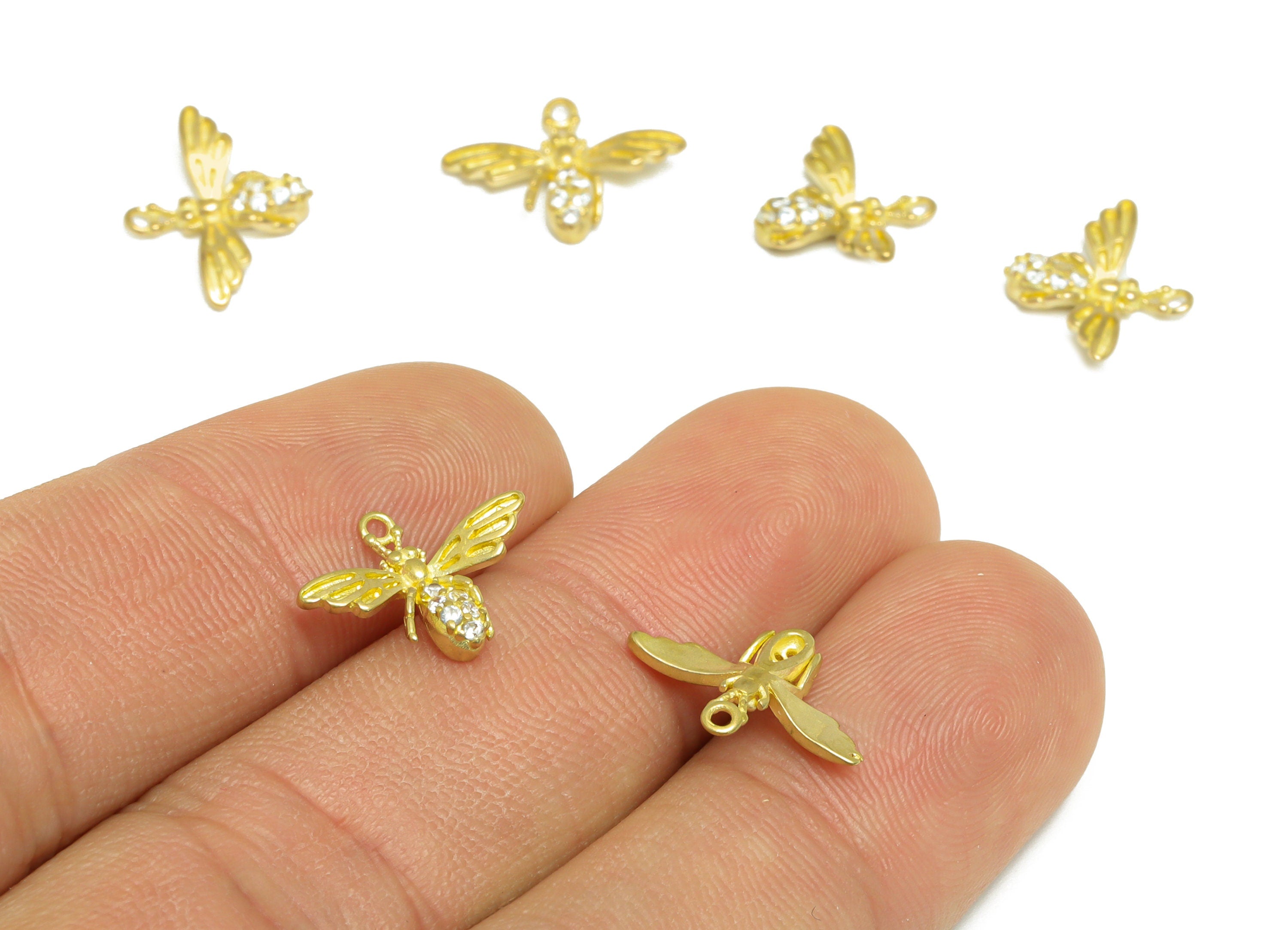 Brass Zircon Bee Earring Charm - Brass Inset Earring Pendant - Raw Brass CZ Bee Earring Charm - Mini Earring Charm - 14.7x11x2mm -PP9703 - DOMEDBAZAAR