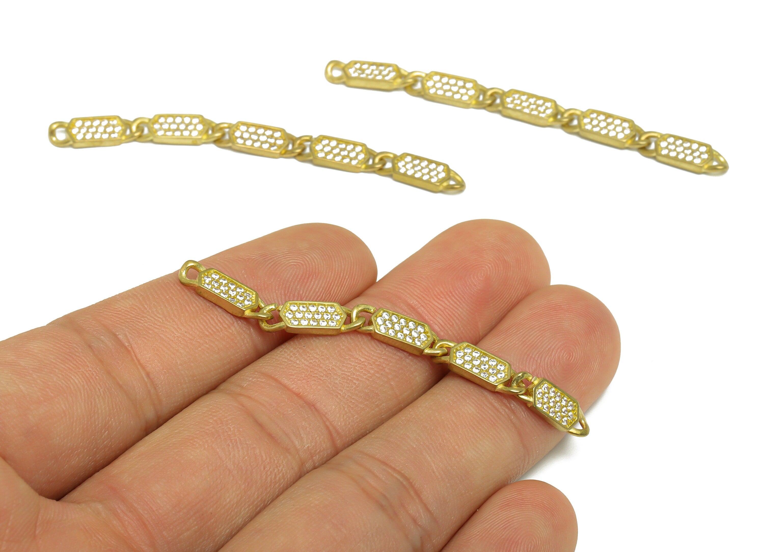 Brass CZ Rectangle Earring Charm - Textured Rectangle Cubic Chian Connector - Raw Brass Zircon Earring Charm - 61x4.96x2.64mm - PP9721 - DOMEDBAZAAR