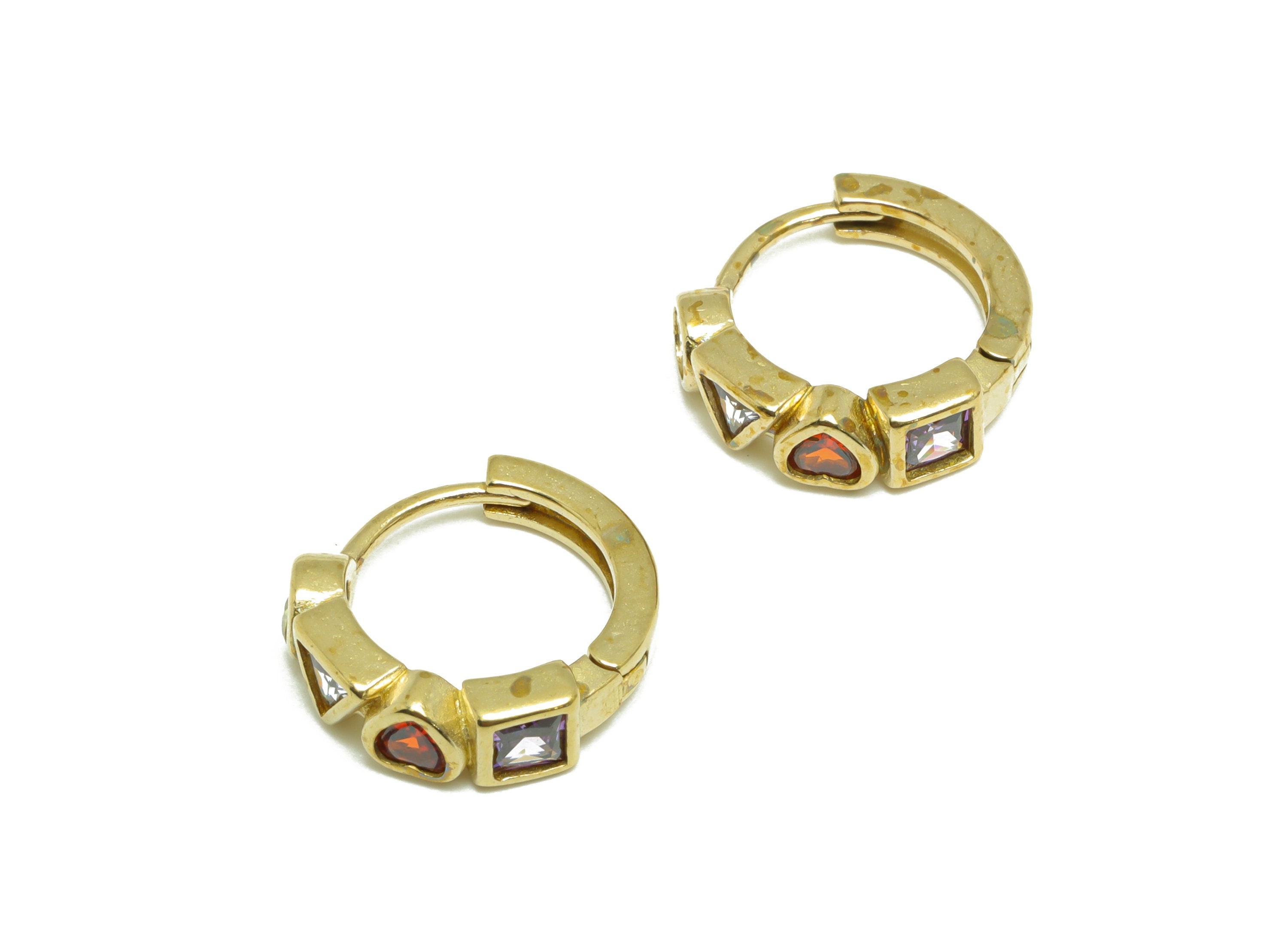 Heart Huggie Hoop Earring - Raw Brass Geometric CZ Hoop Wire Ring Earring - Rainbow CZ Cubic Zircon Huggie Hoop Earring - 14x13x4mm - PP9801 - DOMEDBAZAAR